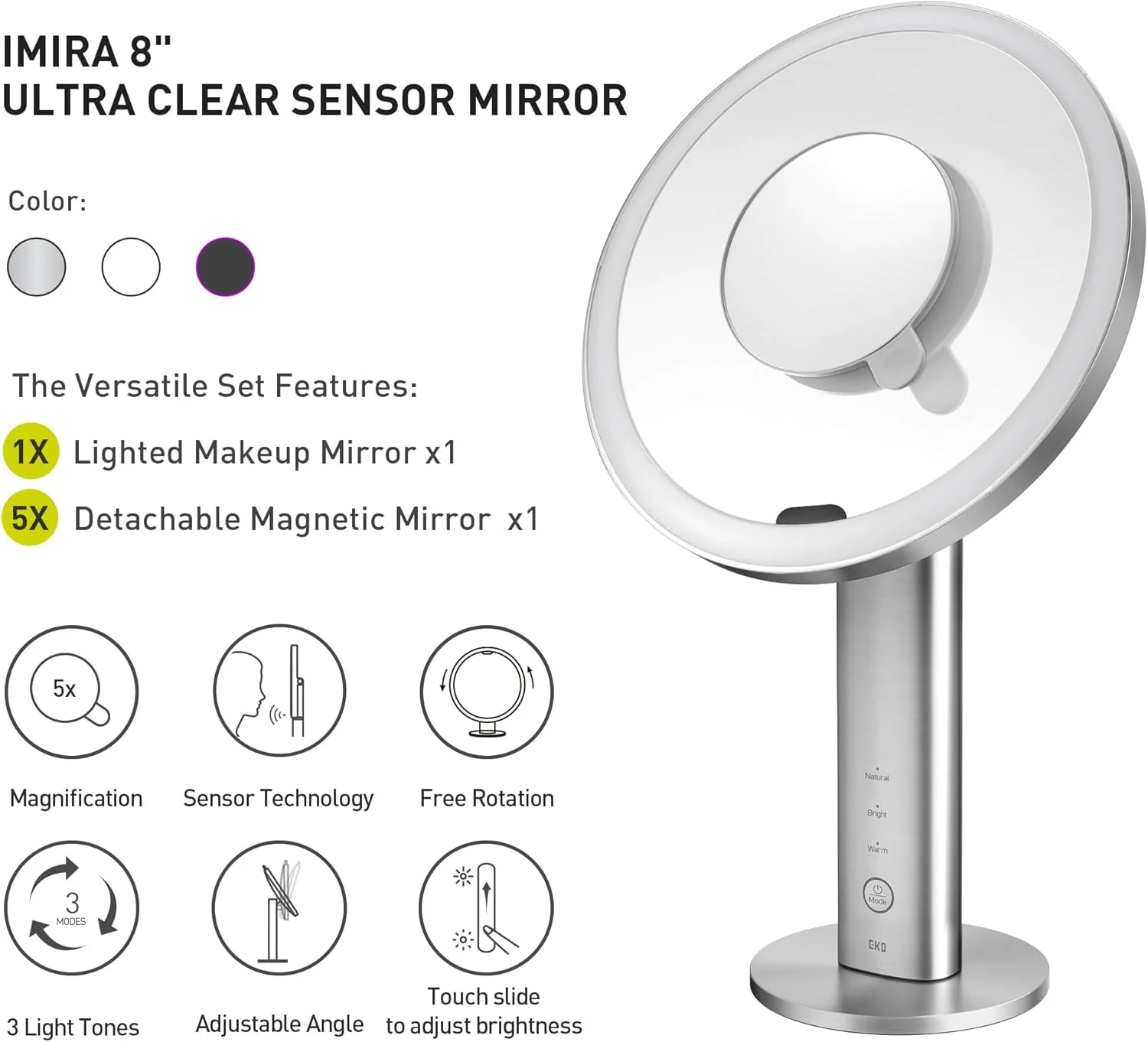 آینه سنسوردار فوق شفاف EKO iMira - آینه روشنایی دار پیشرفته هوشمند برای حمام و اتاق خواب با بزرگنمایی 1 برابر و 5 برابر، استیل ضد زنگ، 20 سانتی متر