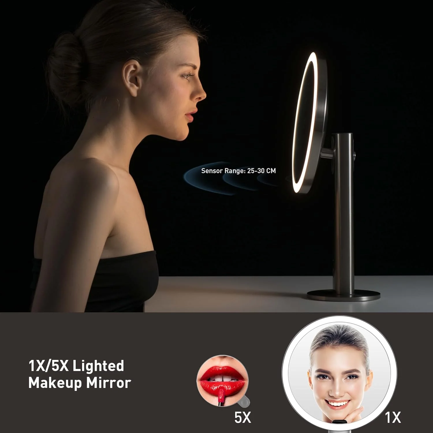 آینه سنسوردار فوق شفاف EKO iMira - آینه روشنایی دار پیشرفته هوشمند برای حمام و اتاق خواب با بزرگنمایی 1 برابر و 5 برابر، استیل ضد زنگ، 20 سانتی متر