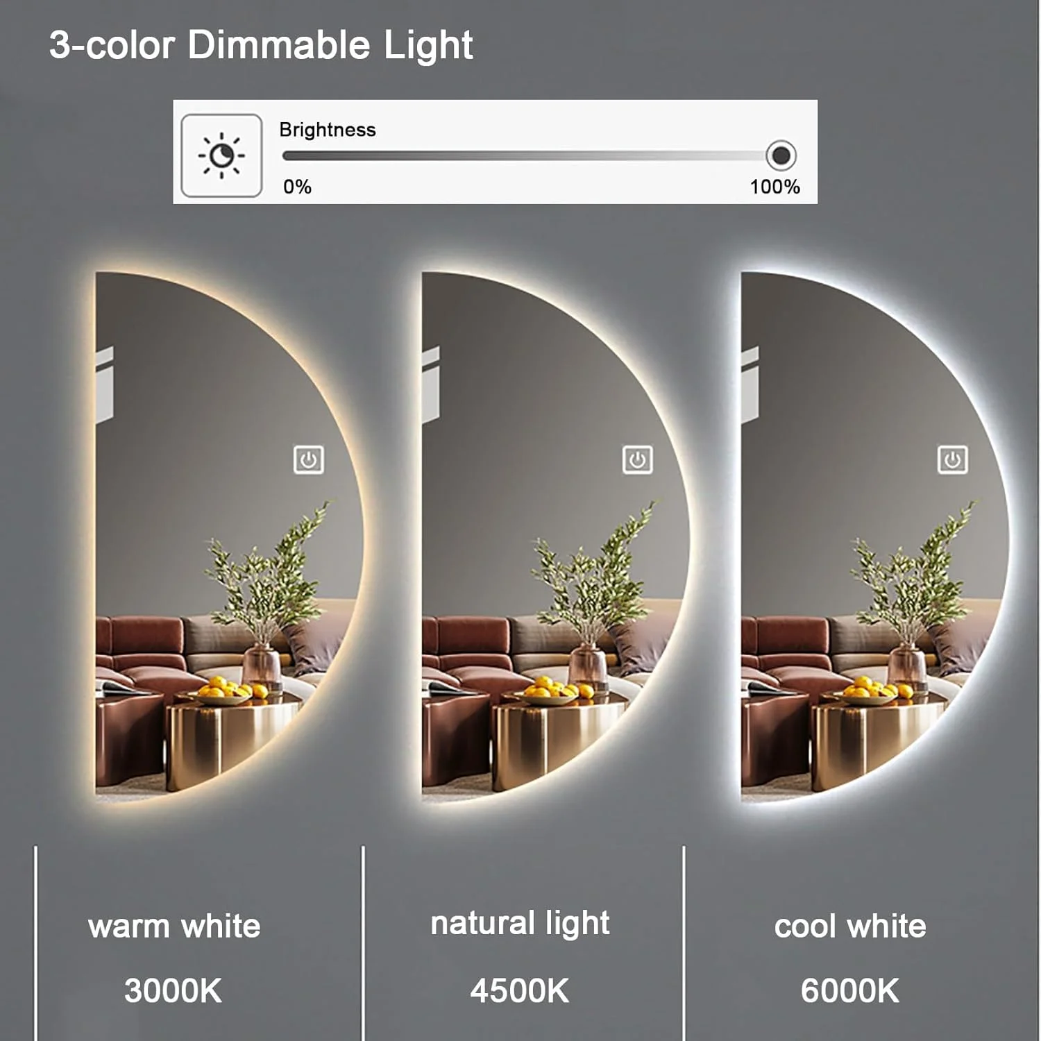 آینه حمام ضد بخار با چراغ های LED، آینه های روشویی نیم دایره برای دیوار با پد ضد بخار، آینه ضد انفجار کم نور 3 رنگ با دکمه لمسی (اندازه: 35x70 سانتی متر)