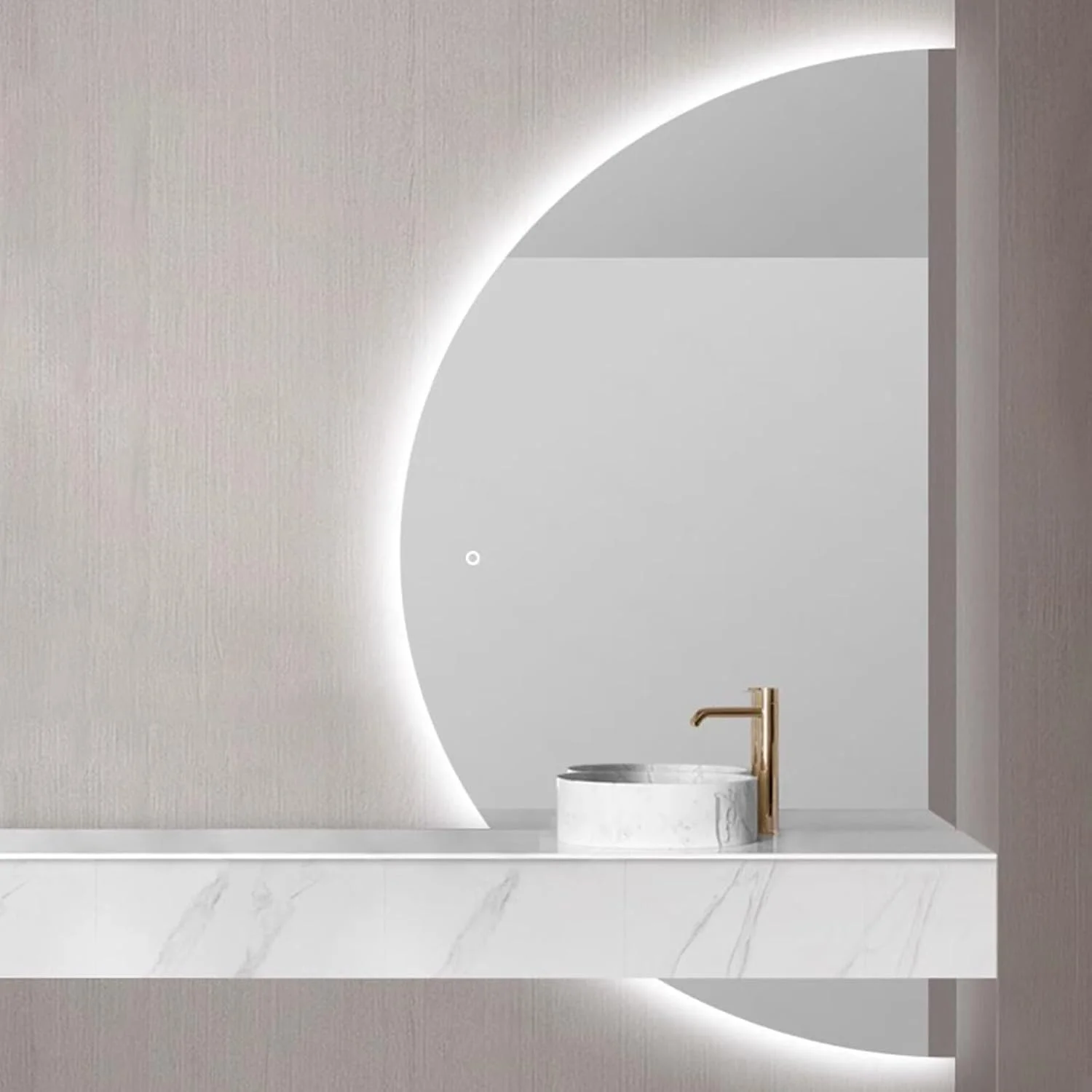 آینه حمام نیم‌دایره با نور گرم، آینه آرایشی پیشرفته ضد انفجار، ضد بخار هوشمند، کلید لمسی، آینه دیواری با روشنایی قابل تنظیم، مناسب برای حمام، ورودی اتاق نشیمن (یل