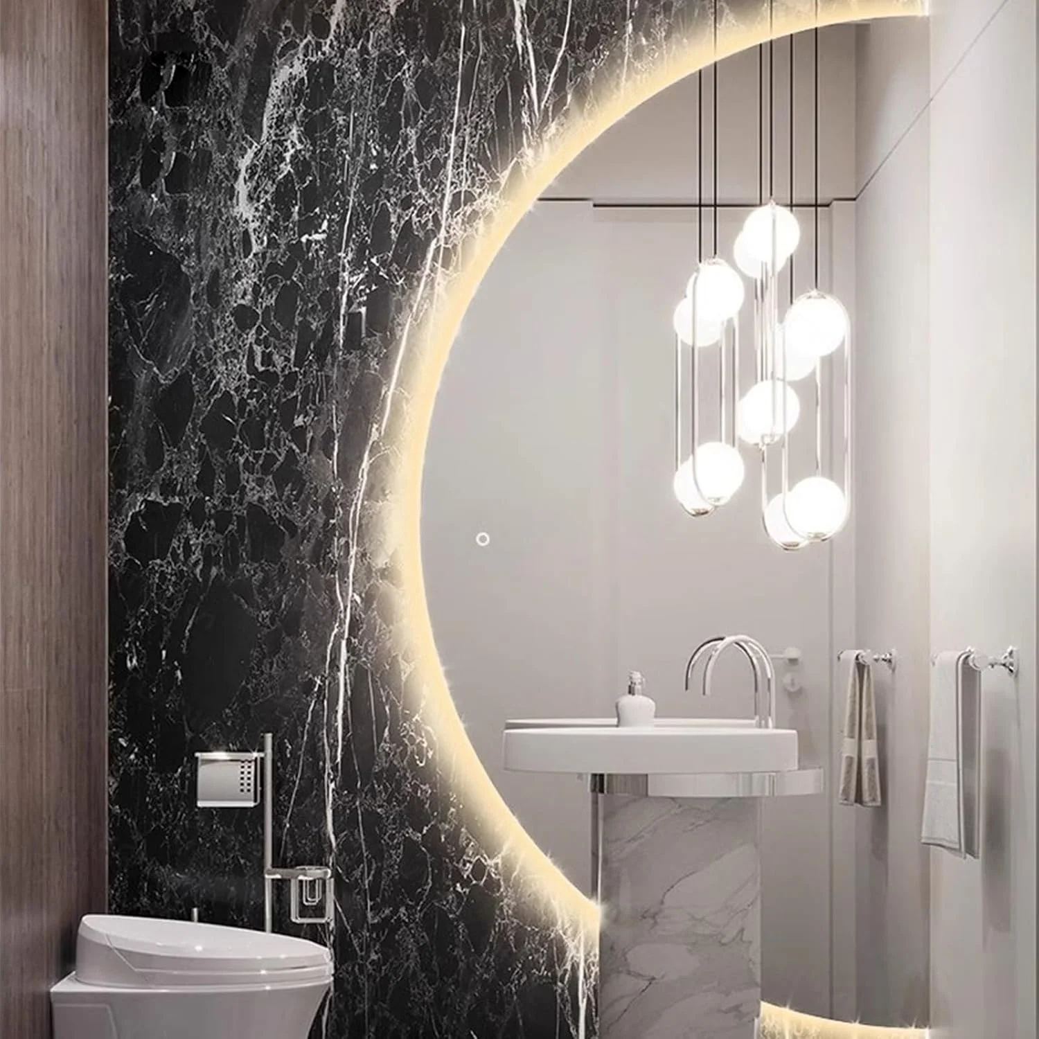 آینه حمام نیم‌دایره با نور گرم، آینه آرایشی پیشرفته ضد انفجار، ضد بخار هوشمند، کلید لمسی، آینه دیواری با روشنایی قابل تنظیم، مناسب برای حمام، ورودی اتاق نشیمن (یل