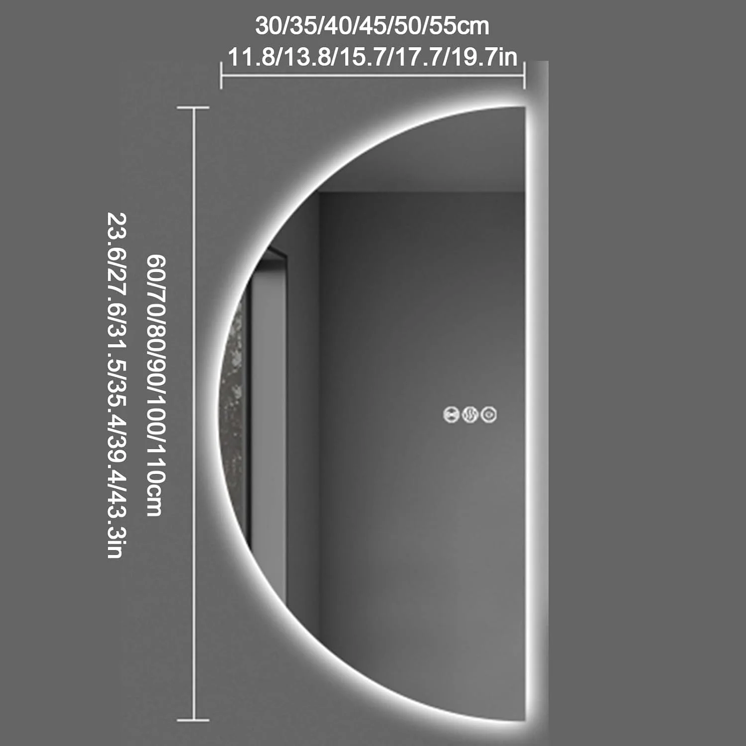 آینه حمام نیم‌دایره با نور گرم، آینه آرایشی پیشرفته ضد انفجار، ضد بخار هوشمند، کلید لمسی، آینه دیواری با روشنایی قابل تنظیم، مناسب برای حمام، ورودی اتاق نشیمن (یل