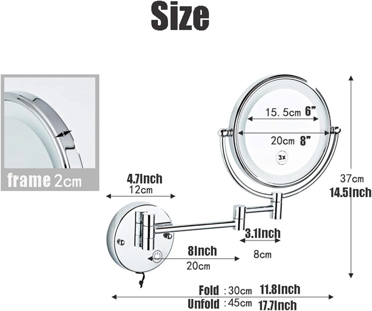 آینه آرایشی دیواری، آینه روشویی با قابلیت چرخش 360 درجه و بازویی تاشو، آینه اصلاح صورت مناسب حمام، آینه 8 اینچی (کروم بزرگنمایی 5 برابر)