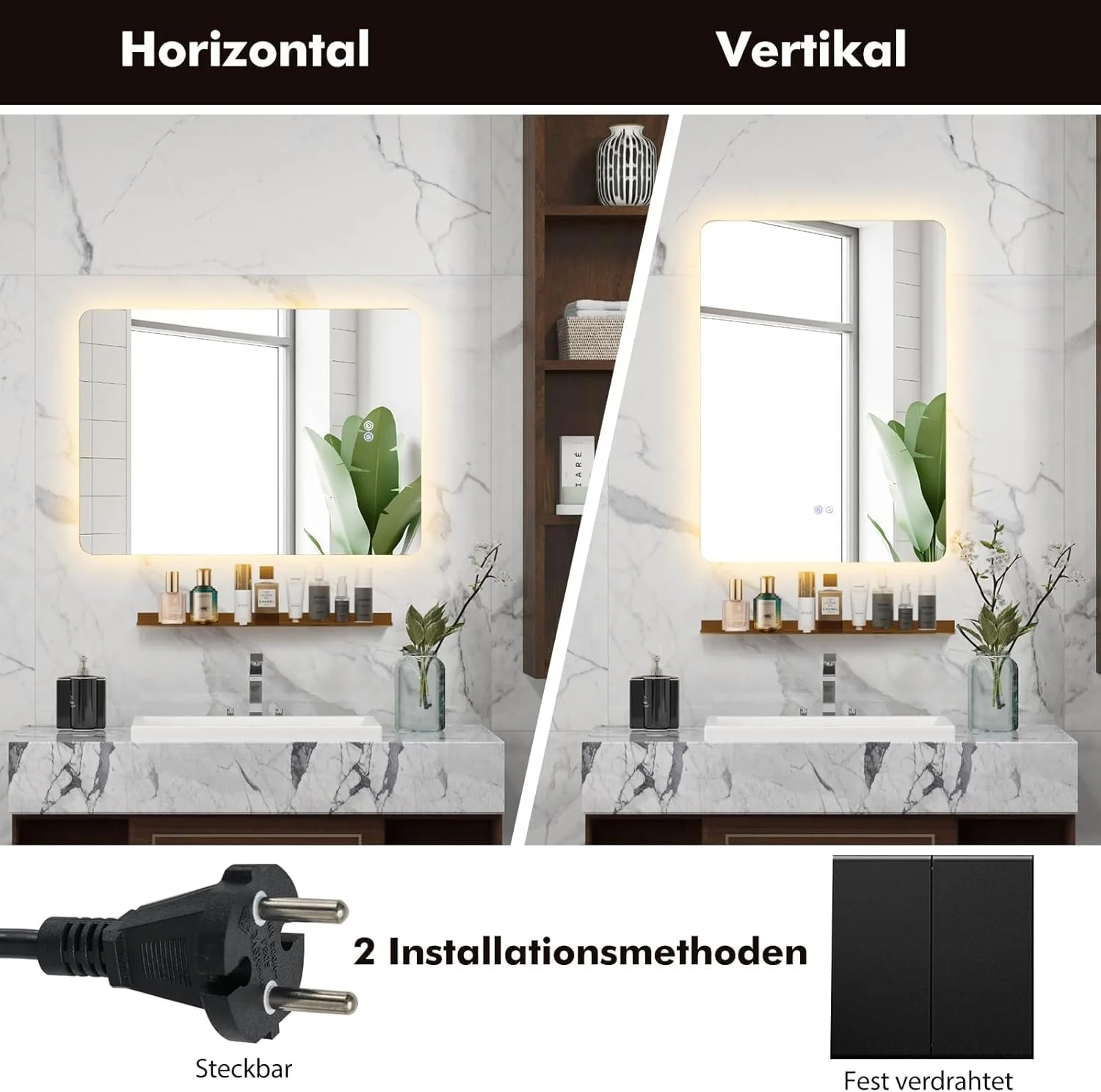 آینه حمام ال ای دی FANTASK با نورپردازی، آینه حمام دیمر دار با کلید لمسی و عملکرد حافظه، 3000 کلوین - 6000 کلوین، آینه دیواری ضد بخار مستطیلی با قفسه، 70 طول x 50 عرض سانتی متر