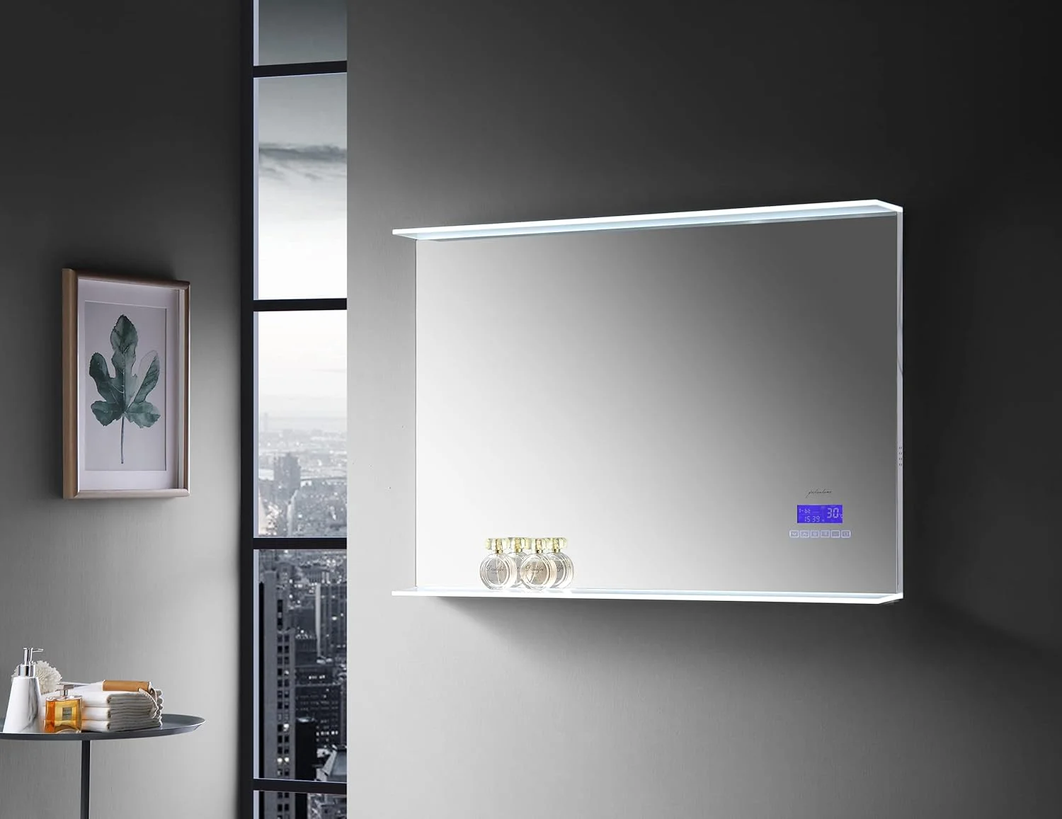 آینه آرایش ال ای دی مناسب منزل و حمام - کنترل لمسی با تایمر، تقویم، صوتی بلوتوث 6 کلیدی، ضد بخار، راهنمای نور اکریلیک و دو قفسه اکریلیک