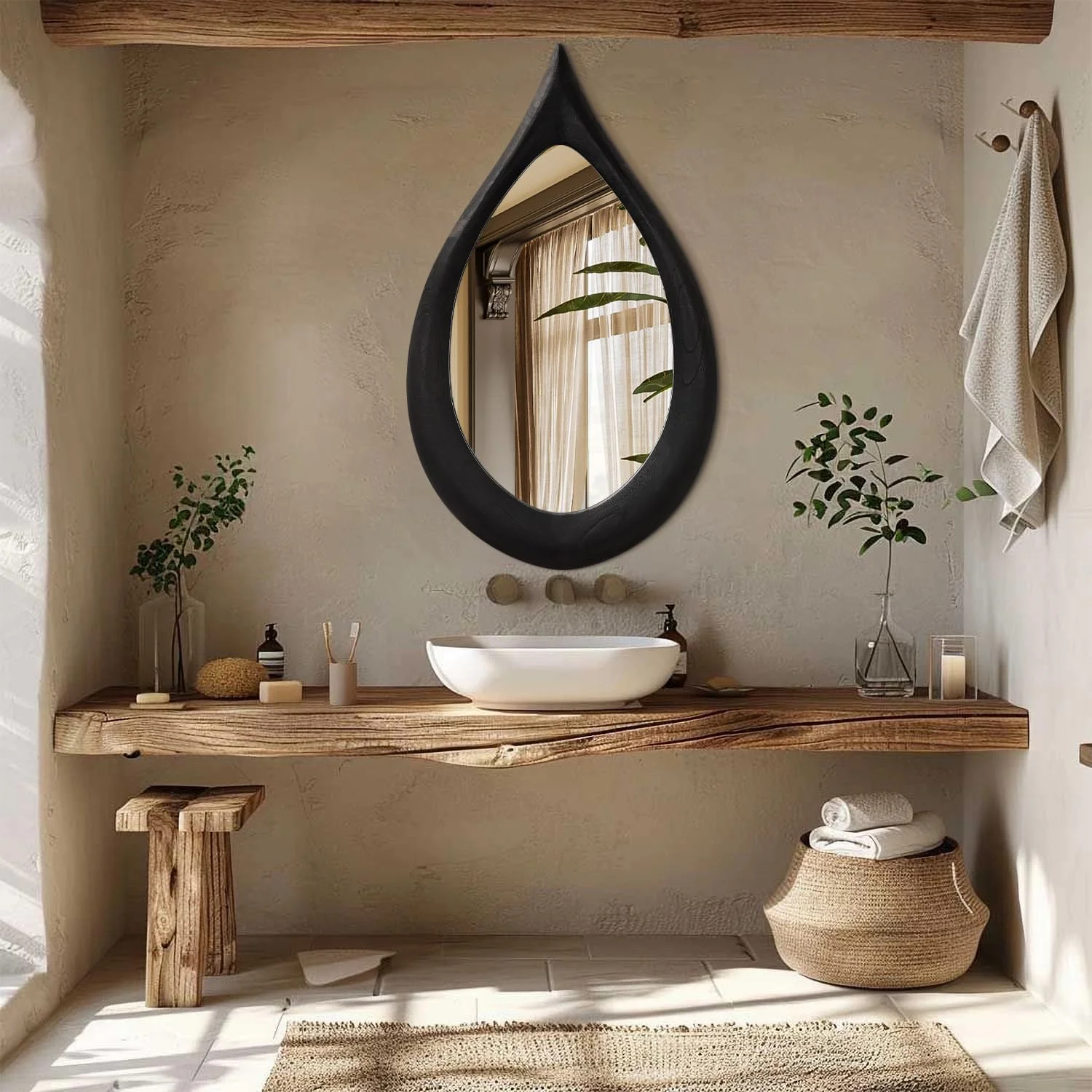 آینه نامنظم با قاب چوبی مشکی طرح قطره اشک، آینه دیواری بزرگ نامتقارن برای روشویی، آینه هنری تزئینی برای اتاق خواب، اتاق نشیمن و ورودی