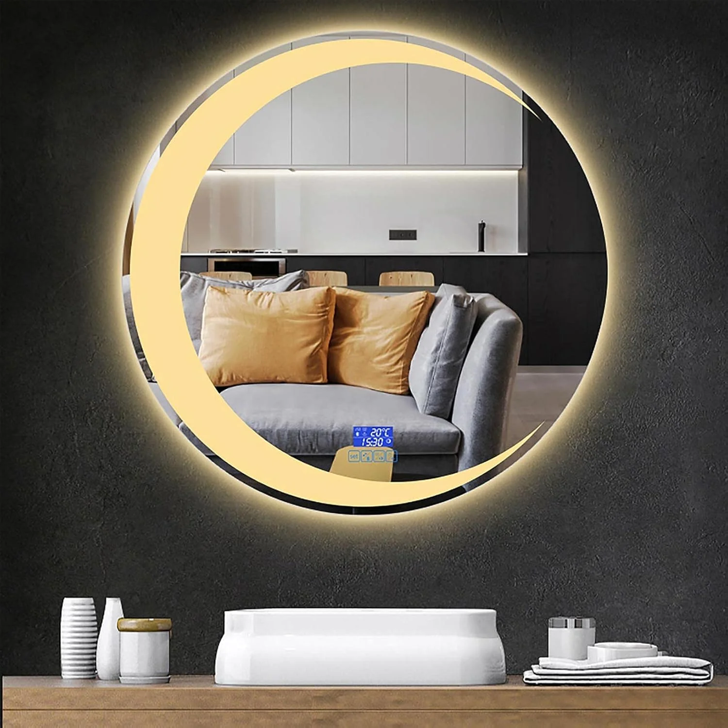 آینه گرد حمام با نور LED، آینه حمام مدرن گرد با نور LED دیمرپذیر و بلندگوی بلوتوث/پد ضد بخار، آینه دیواری با کلید لمسی هوشمند