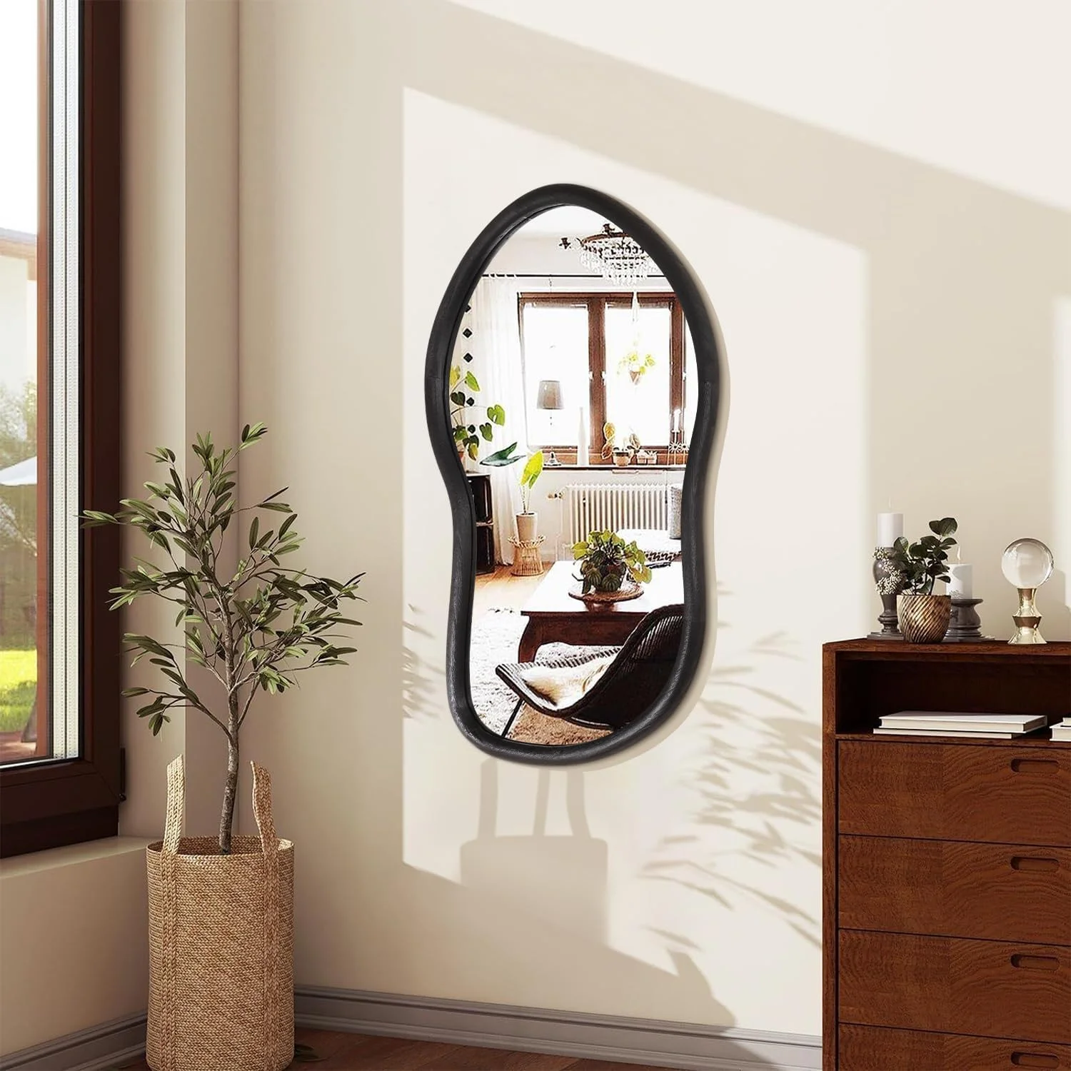 آینه دیواری چوبی نامنظم، آینه دیواری نامتقارن، آینه بزرگ مشکی مناسب حمام، آینه تزئینی مدرن برای اتاق نشیمن، اتاق خواب، ورودی
