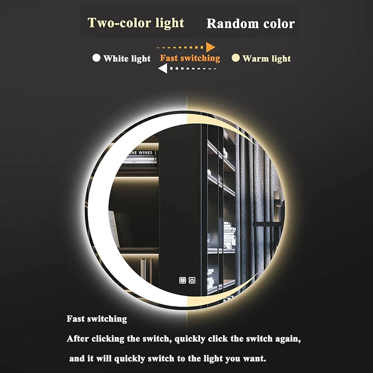 آینه گرد حمام با نور LED، آینه مدرن حمام گرد با نور LED قابل تنظیم و بلندگوی بلوتوث/پد ضد بخار، آینه دیواری با کلید لمسی هوشمند