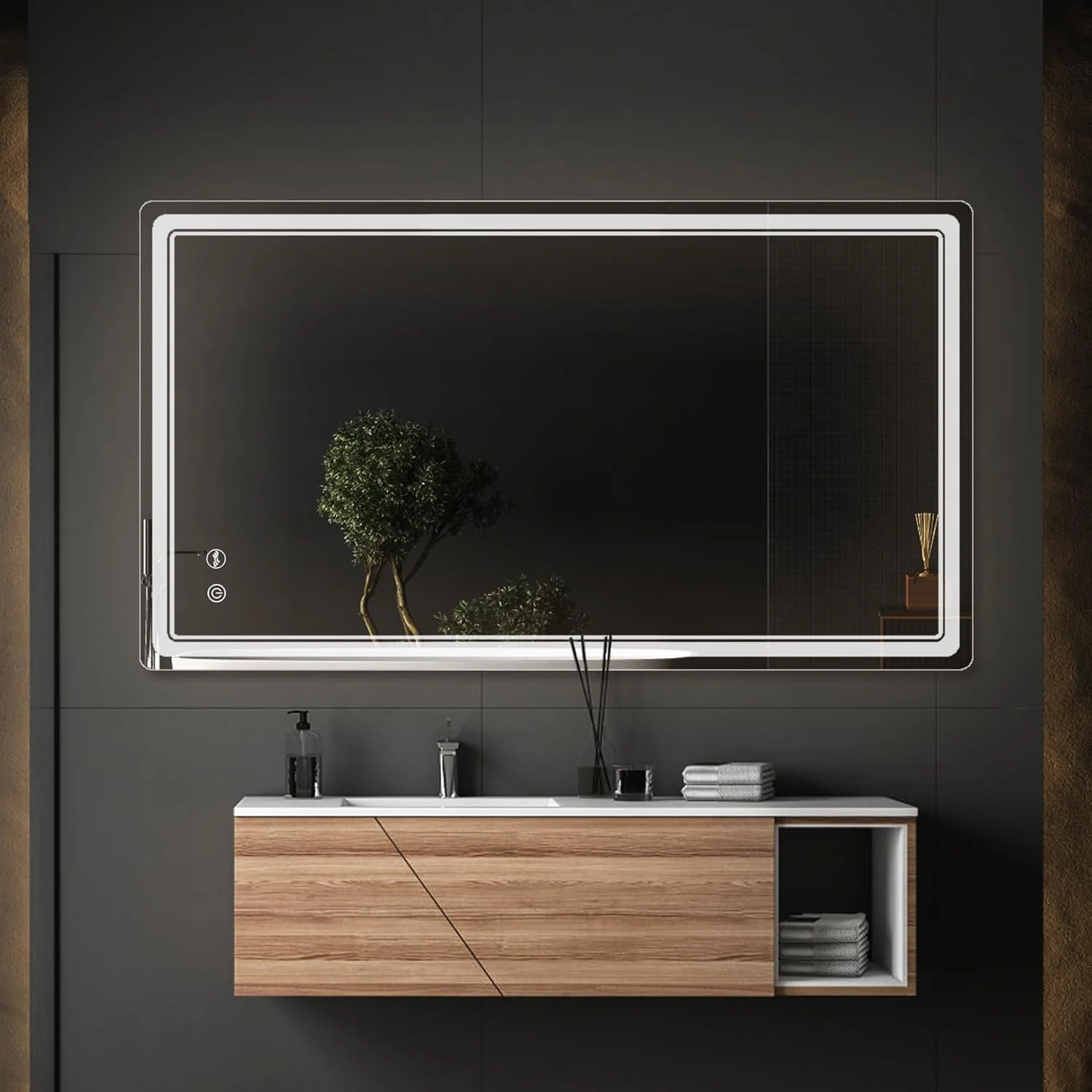 آینه آرایش ال ای دی بزرگ برای حمام با نور قابل تنظیم، ضد بخار، 68 در 122 سانتی متر