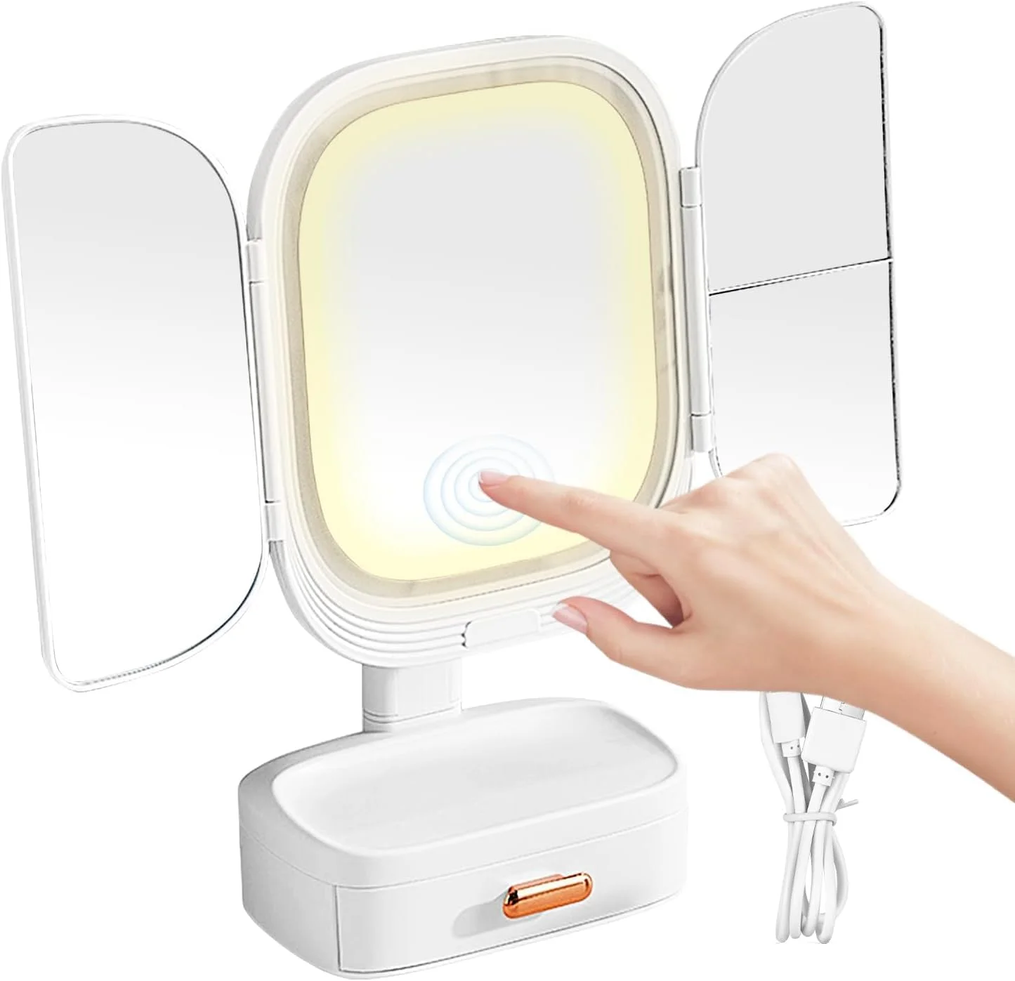 آینه آرایشی تاشو با نور، آینه سه لتی آرایشی، کنترل لمسی، آینه آرایشی رومیزی چرخشی با جعبه ذخیره سازی، آینه آرایشی ال ای دی با زاویه قابل تنظیم، برای میز، حمام، اتاق خواب