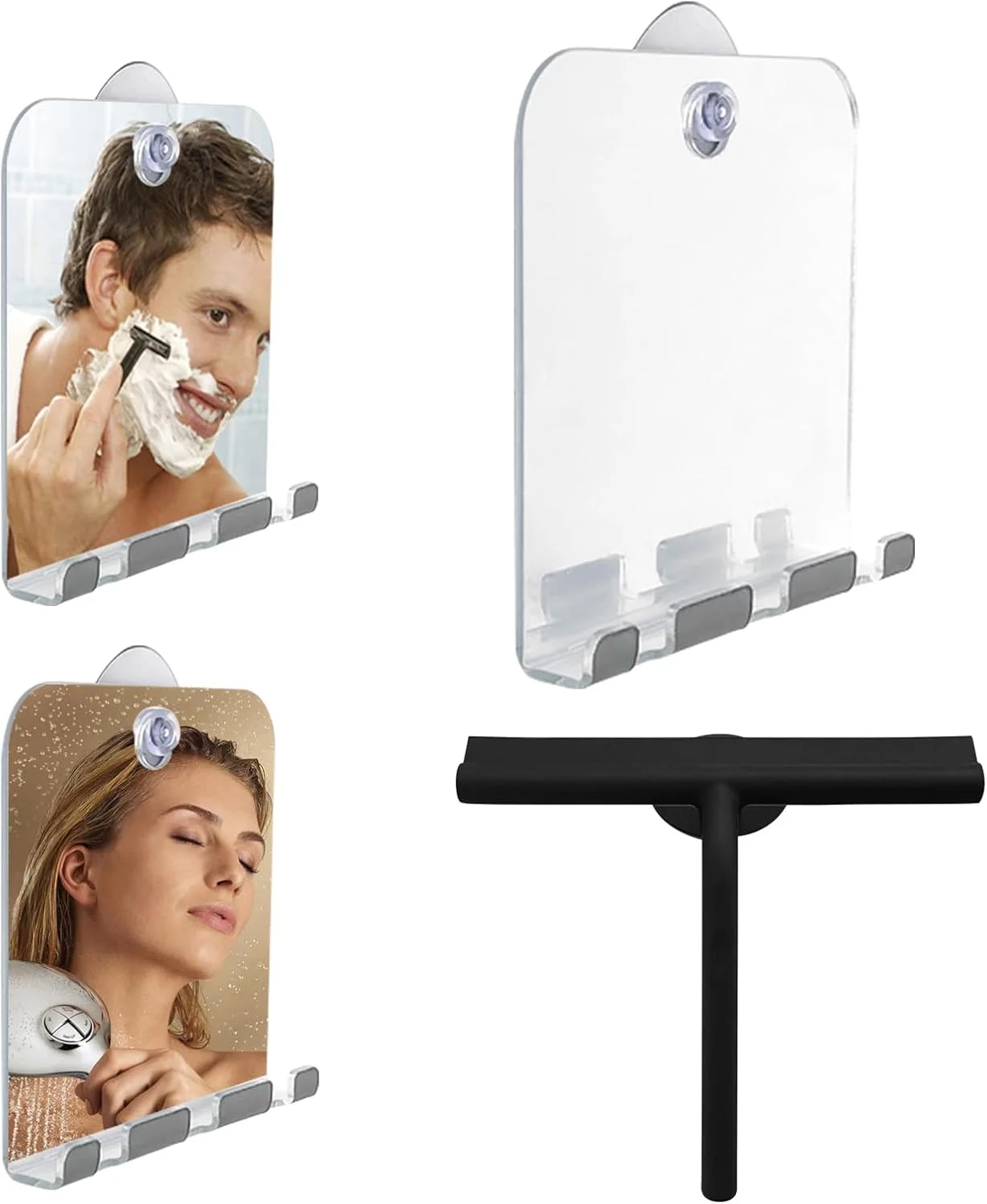 آینه بدون بخار حمام به همراه اسکویجی: آینه اصلاح ضد بخار و اسکویجی چند منظوره برای شیشه حمام، درها و پنجره ها - ایده آل برای اصلاح تمیز و نظافت بی عیب و نقص حمام