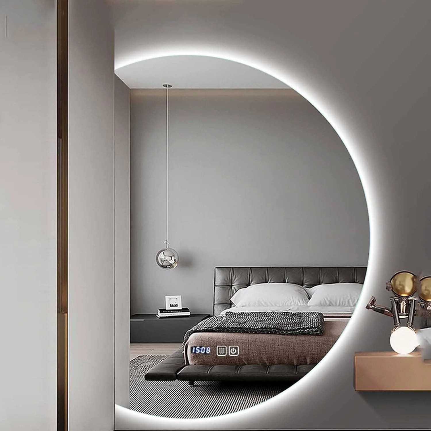 آینه LED نیمه ماه 47 اینچی، آینه نور پس زمینه بدون قاب نیم دایره، آینه بزرگ حمام ضد مه هوشمند، 3 رنگ روشنایی قابل تنظیم و سوئیچ لمسی نمایش زمان (برش چپ، 47.3 * 33.2 اینچ)