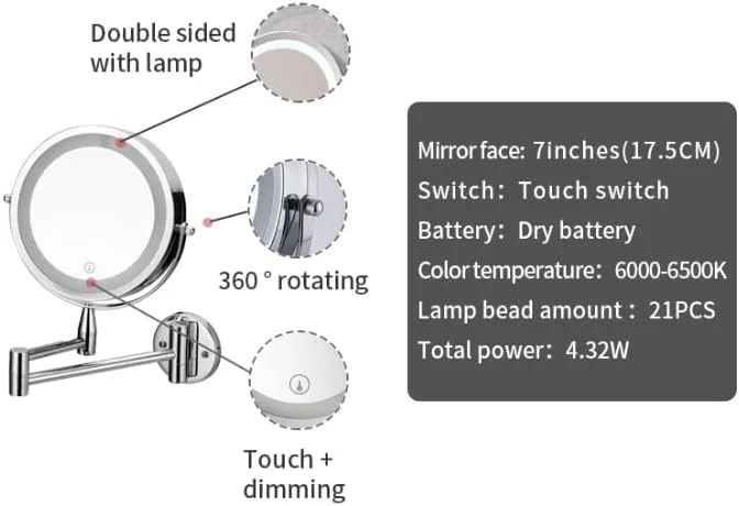 آینه آرایشی دیواری با چراغ‌های LED و بزرگنمایی 1X/5X با قابلیت چرخش 360 درجه، آینه روشویی تاشو برای حمام، با باتری کار می‌کند (شامل نمی‌شود) 7 اینچ، کروم