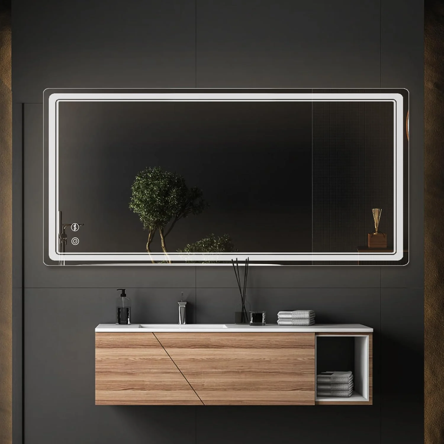 آینه آرایش بزرگ ال ای دی برای حمام با نور قابل تنظیم، ضد بخار، 70 در 140 سانتی متر