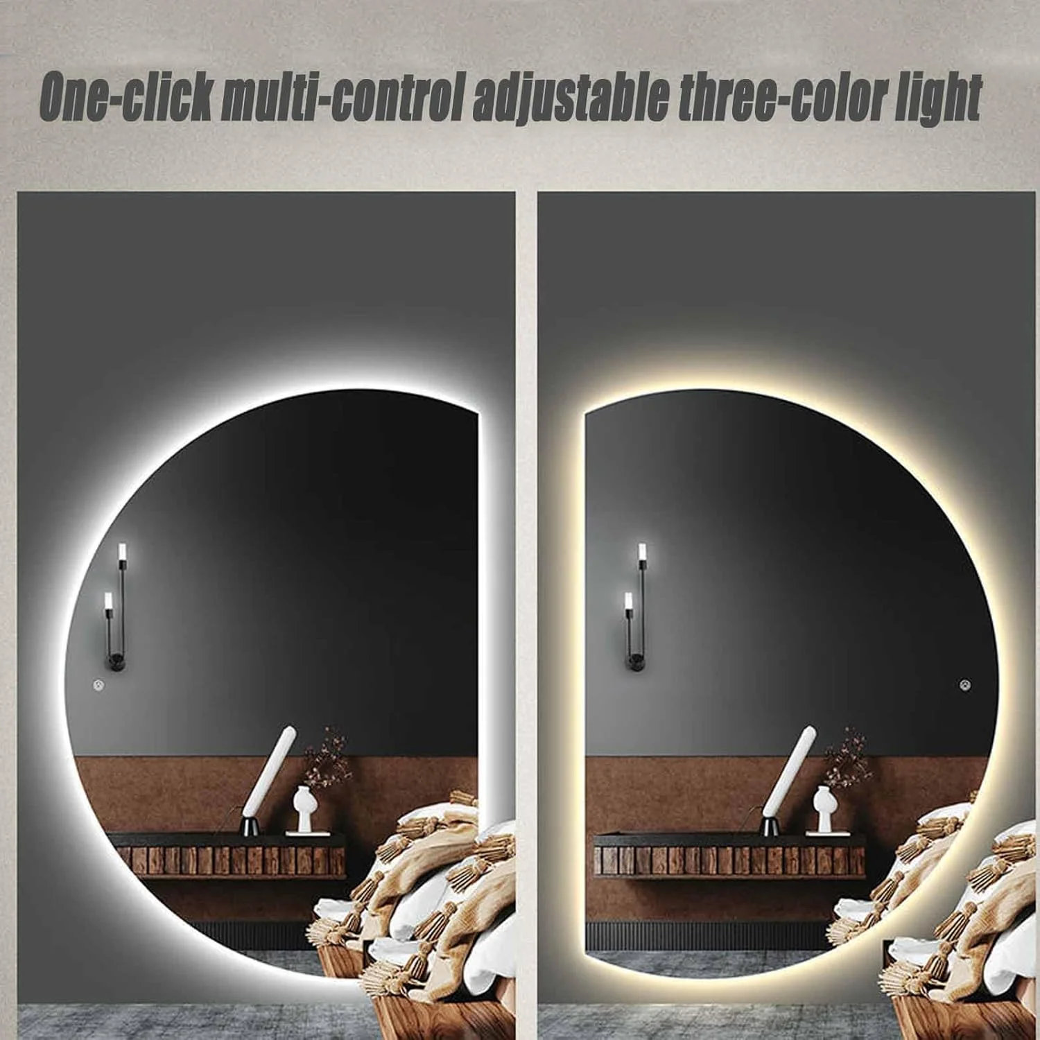 آینه LED نیمه ماه 47 اینچی، آینه نور پس زمینه بدون قاب نیم دایره، آینه بزرگ حمام ضد مه هوشمند، 3 رنگ روشنایی قابل تنظیم و سوئیچ لمسی نمایش زمان (برش چپ، 47.3 * 33.2 اینچ)