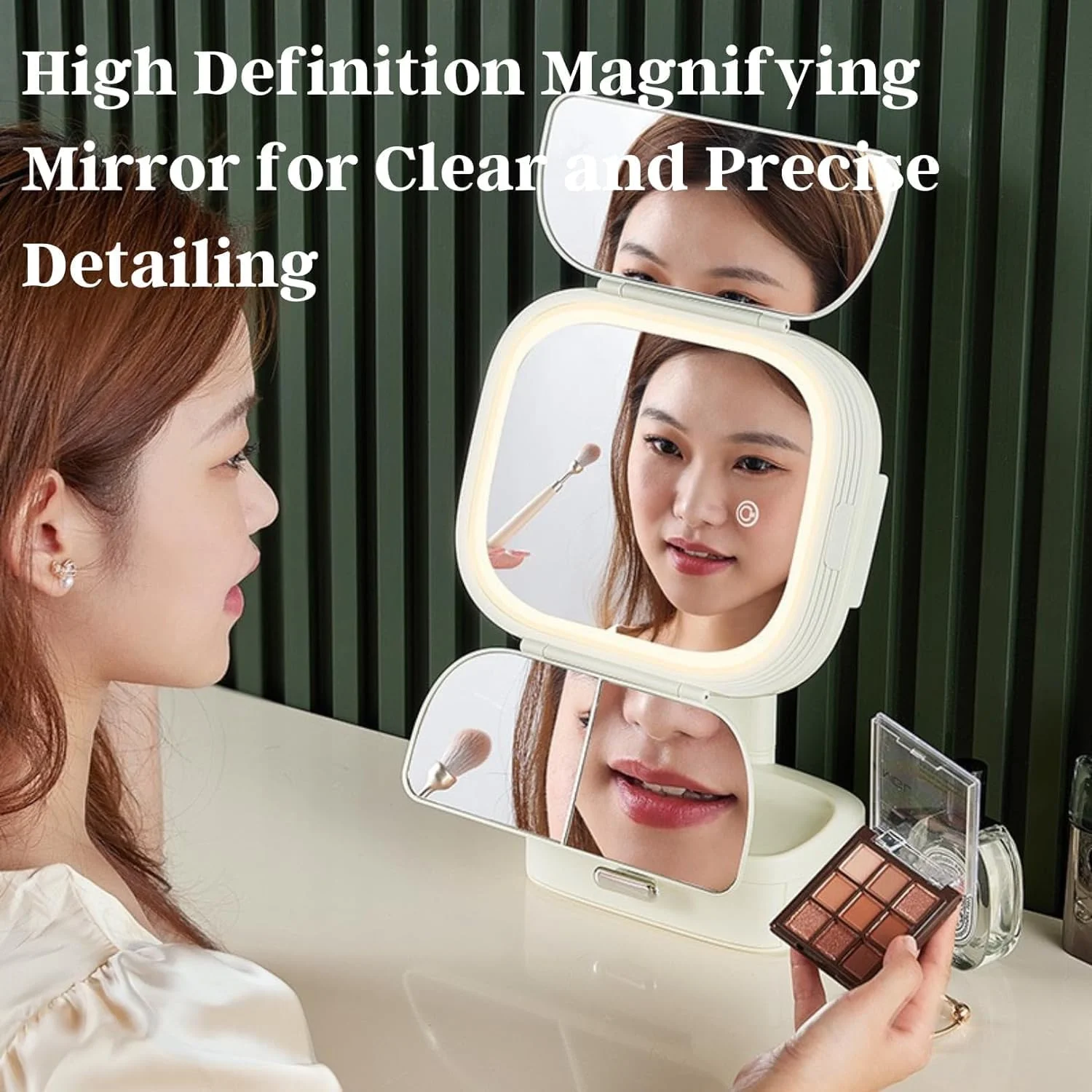 آینه آرایشی تاشو با نور، آینه سه لتی آرایشی، کنترل لمسی، آینه آرایشی رومیزی چرخشی با جعبه ذخیره سازی، آینه آرایشی ال ای دی با زاویه قابل تنظیم، برای میز، حمام، اتاق خواب