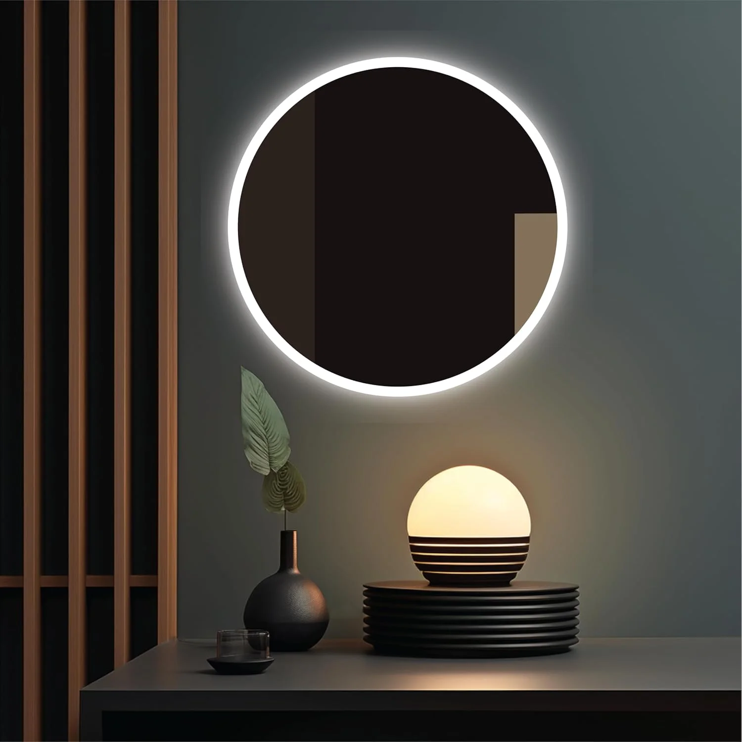 آینه هوشمند اکو، گرد 60 سانتی‌متری، آینه روشویی بدون قاب با حسگر لمسی و ال‌ای‌دی دیمرپذیر با 3 رنگ، مناسب برای حمام، راهرو و فضاهای نشیمن