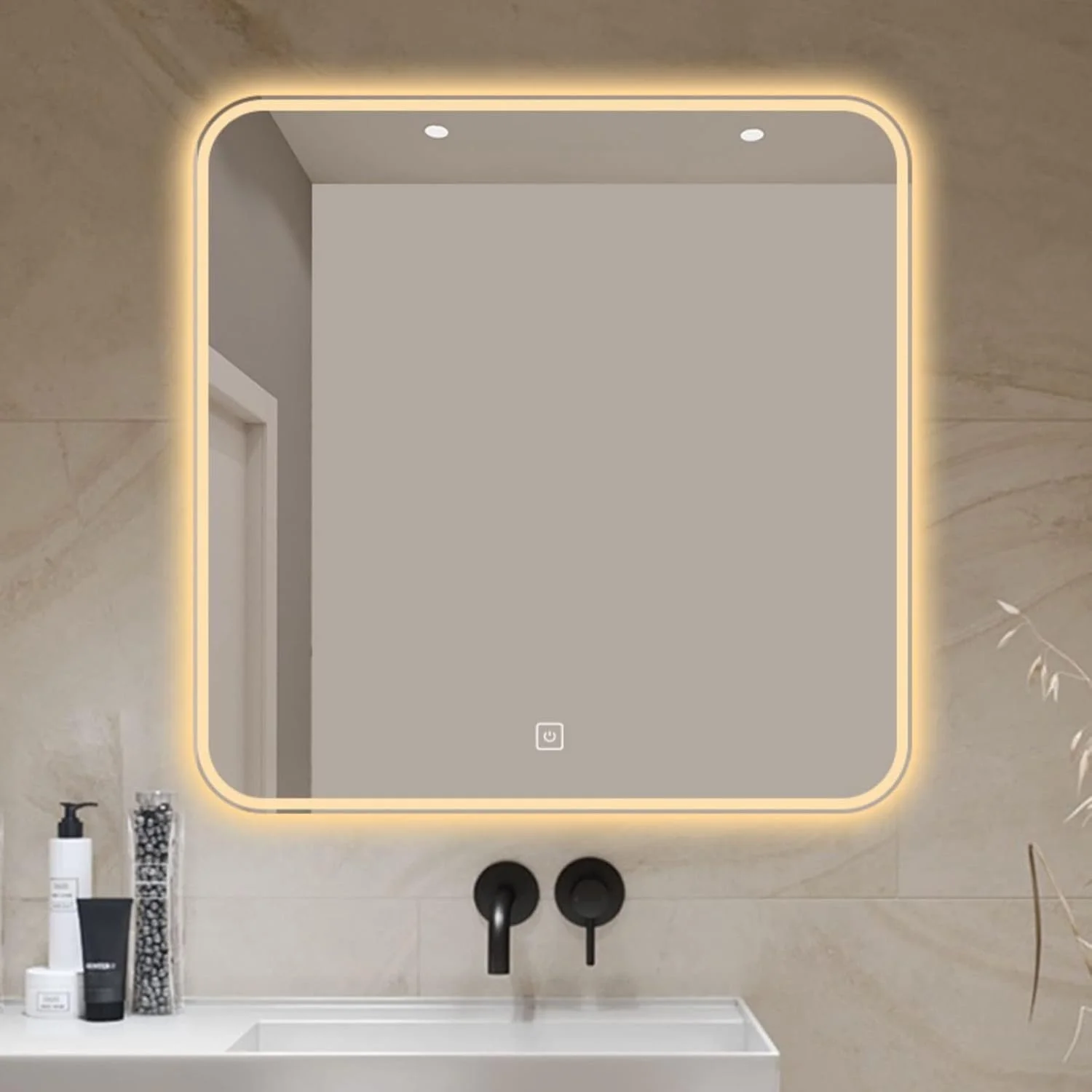 آینه دیواری مربعی ال ای دی بدون قاب، آینه حمام با نور پس زمینه، آینه های تزئینی، آینه روشویی HD، لمسی، نور قابل تنظیم، عملکرد حافظه و IP44، برای B