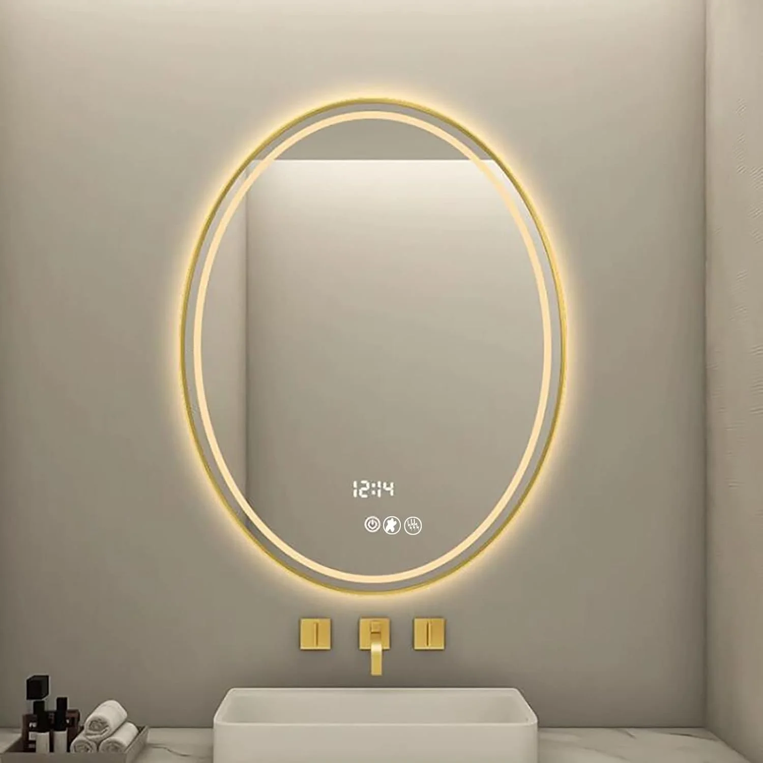 آینه بیضی نوردار پس زمینه، آینه آرایشی ال ای دی بیضی دیواری با چراغ، ضد بخار، بدون قاب، 3 رنگ قابل تنظیم، آینه حمام ال ای دی هوشمند نشکن با حافظه لمسی، نور سه رنگ - 50 * 70 سانتی متر