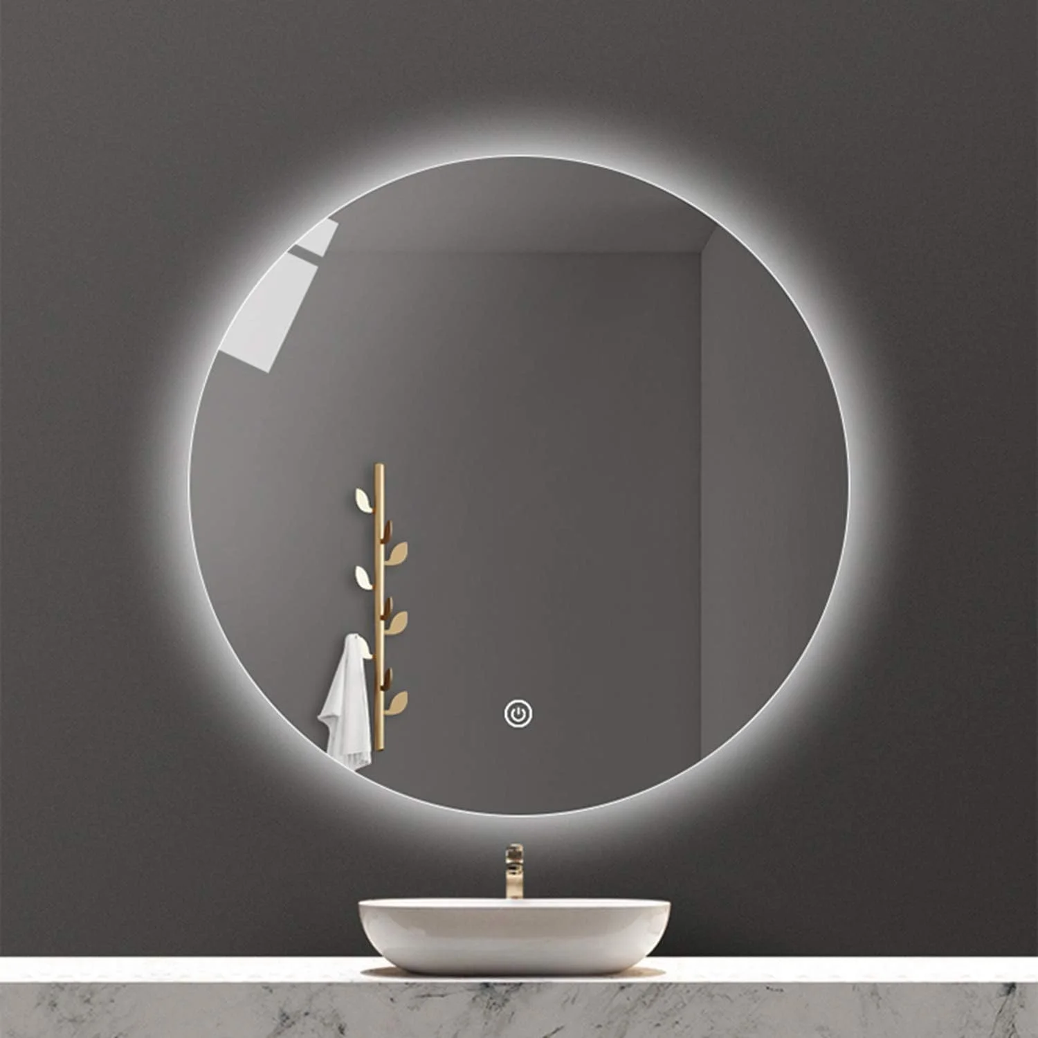 آینه گرد بدون قاب، آینه روشویی دیواری، آینه حمام با نور پس زمینه LED، با حسگر لمسی و ضد بخار، نور سفید/نور گرم، نور سفید-50 سانتی متر/20 اینچ