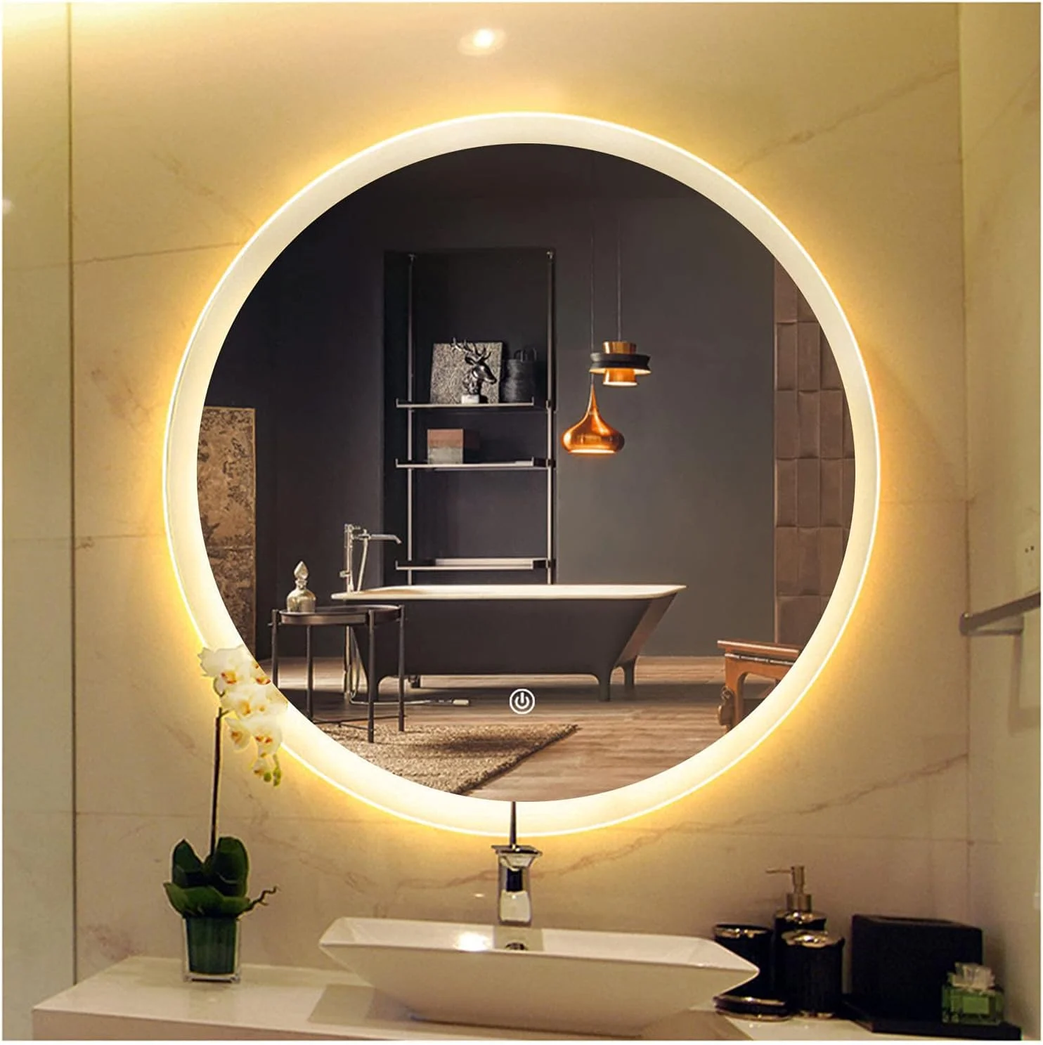 آینه حمام بدون قاب با چراغ، آینه دیواری روشویی LED با کلید حسگر، دارای ضد بخار، نور گرم - 80 سانتی متر (31 اینچ)
