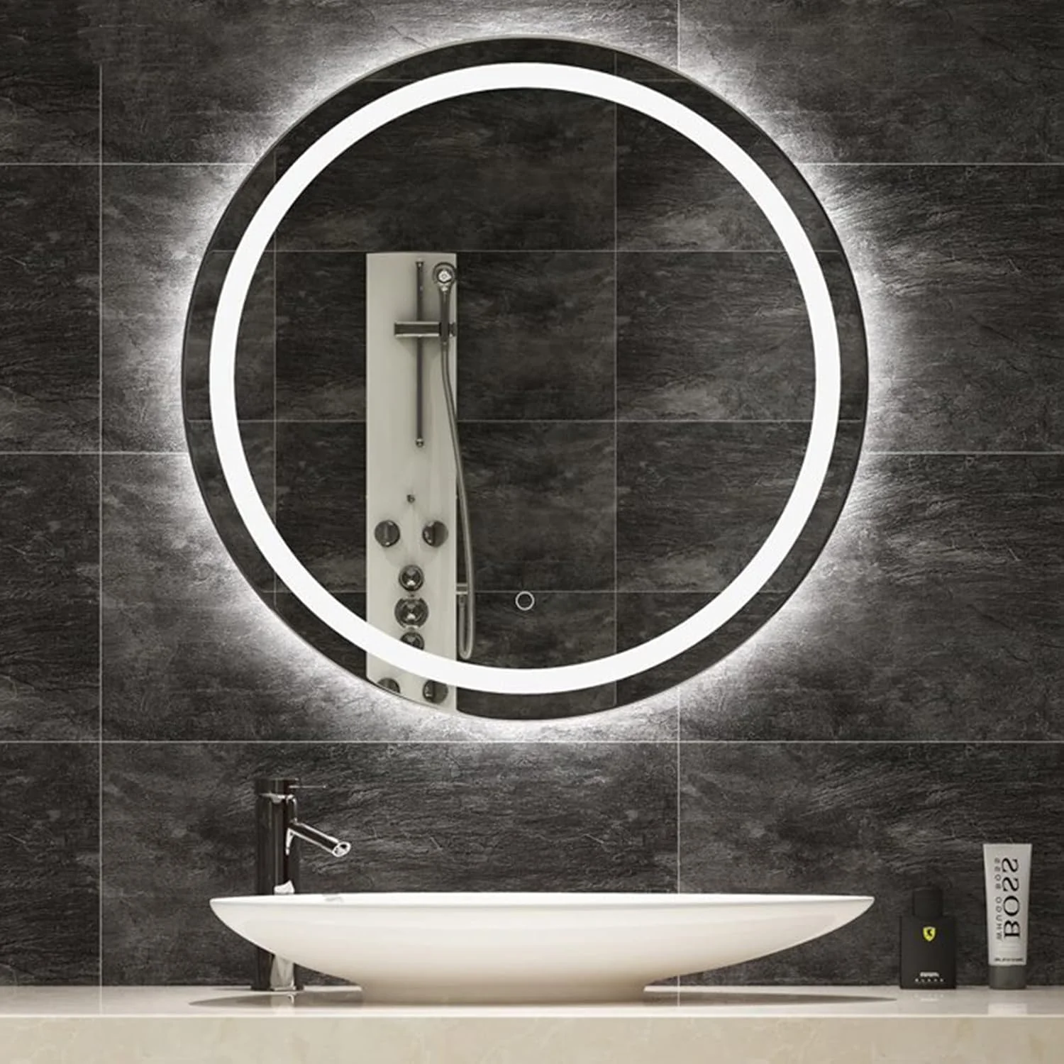 آینه گرد LED بدون قاب برای حمام، آینه دیواری با نور، آینه روشویی حمام، 3 رنگ نور قابل تنظیم هوشمند، آینه آرایش با کلید لمسی، ضد انفجار