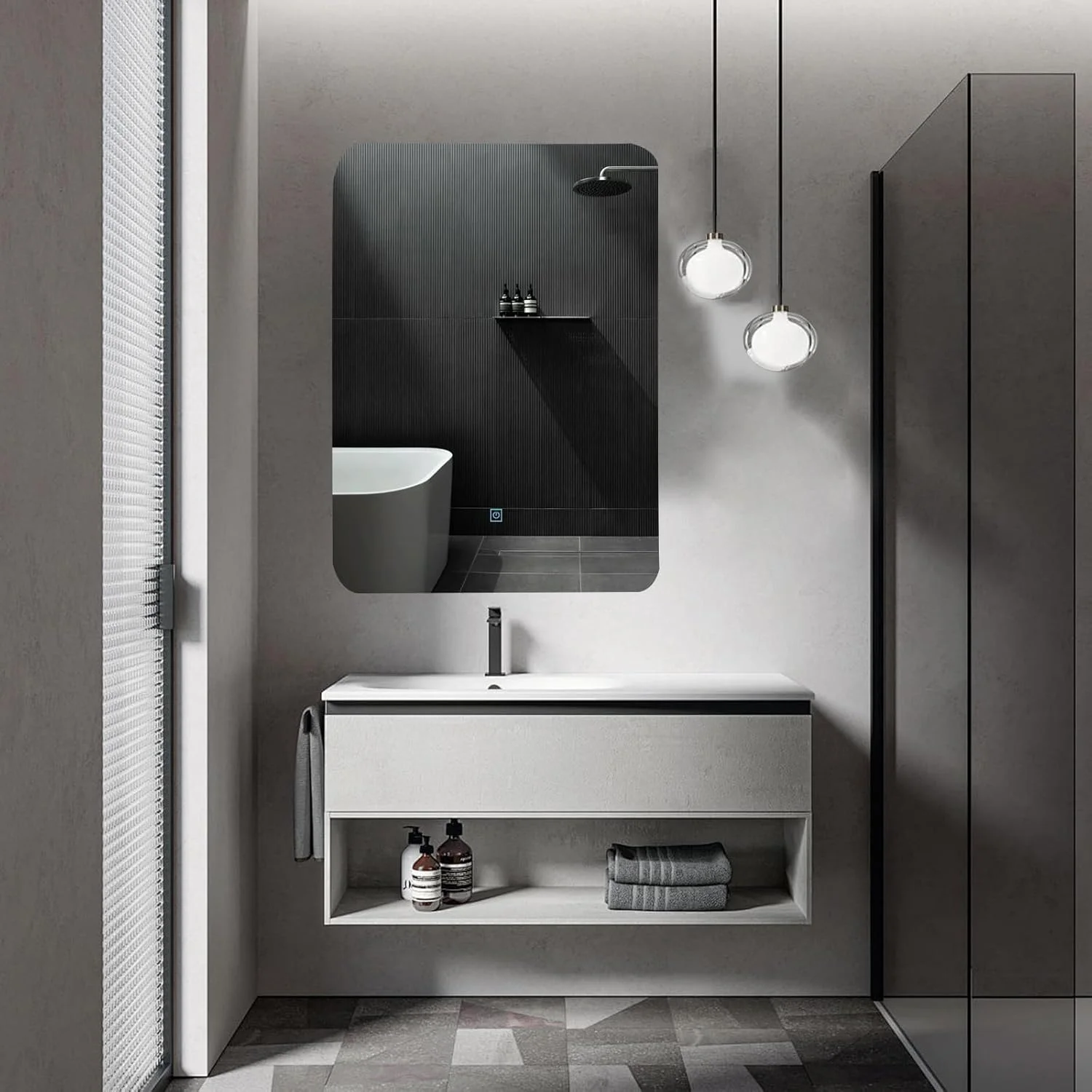 آینه حمام بدون قاب VPARTY با نور LED، آینه روشویی گوشه گرد، آینه روشویی مدرن دیواری برای اتاق نشیمن، اتاق خواب، ورودی (70x90 سانتی متر)