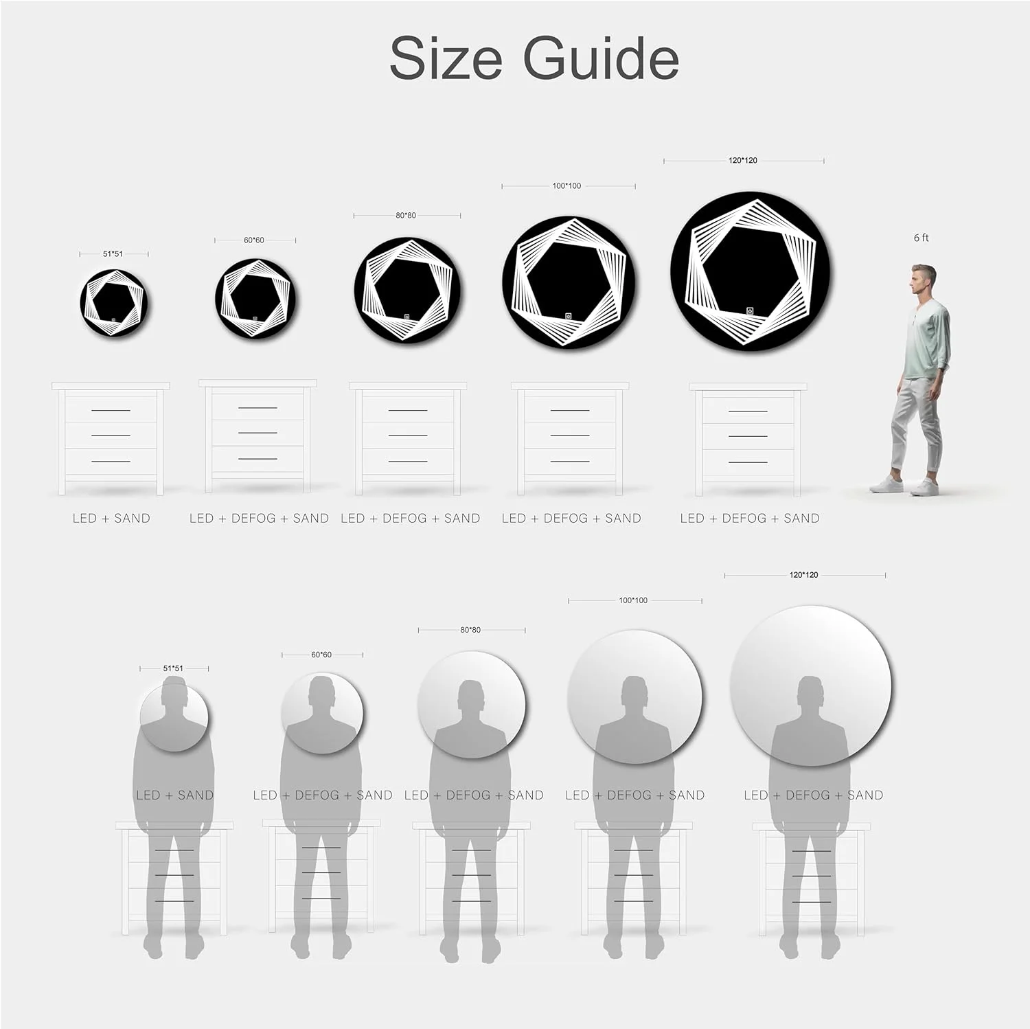 آینه هوشمند اکو، گرد 60 سانتی‌متری، آینه روشویی بدون قاب با حسگر لمسی و ال‌ای‌دی دیمرپذیر با 3 رنگ، مناسب برای حمام، راهرو و فضاهای نشیمن