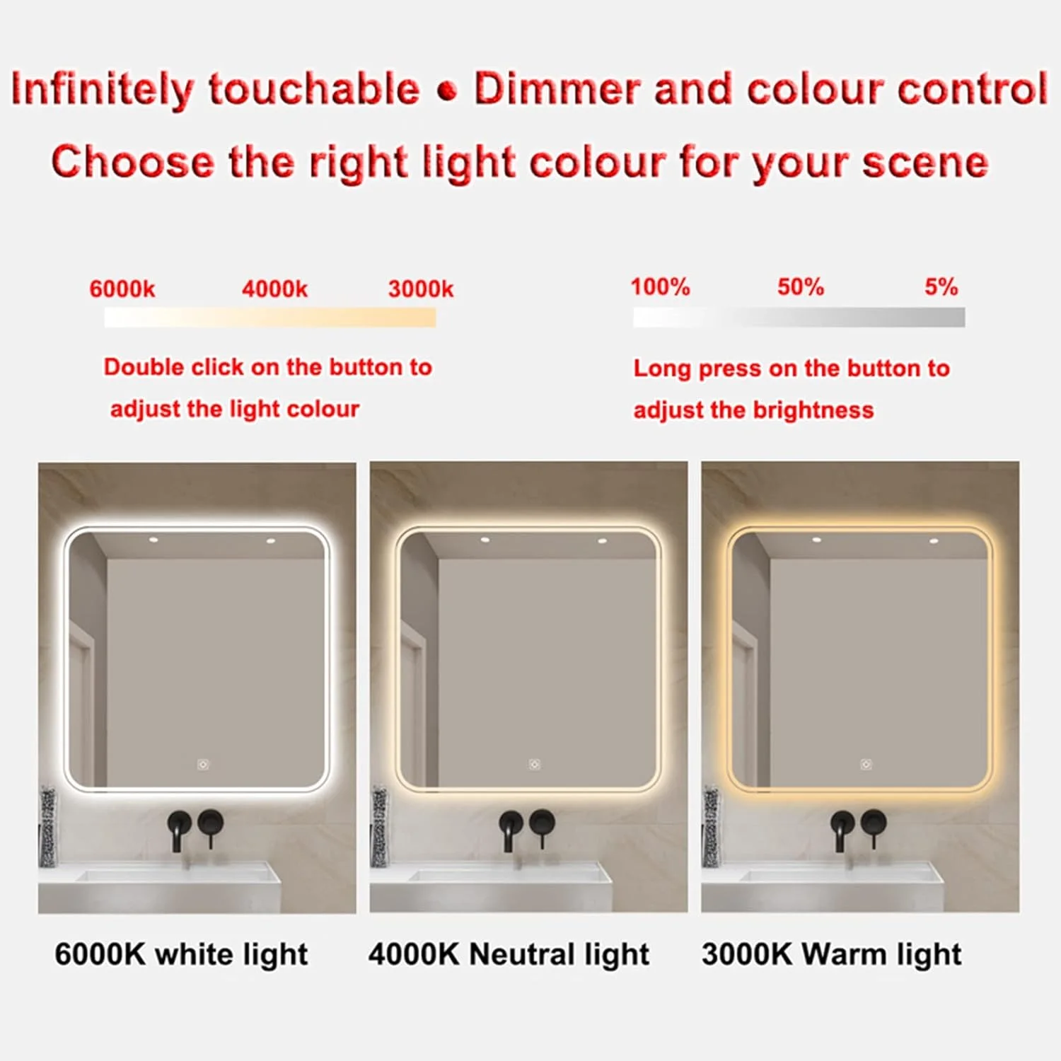 آینه دیواری مربعی ال ای دی بدون قاب، آینه حمام با نور پس زمینه، آینه های تزئینی، آینه روشویی HD، لمسی، نور قابل تنظیم، عملکرد حافظه و IP44، برای B