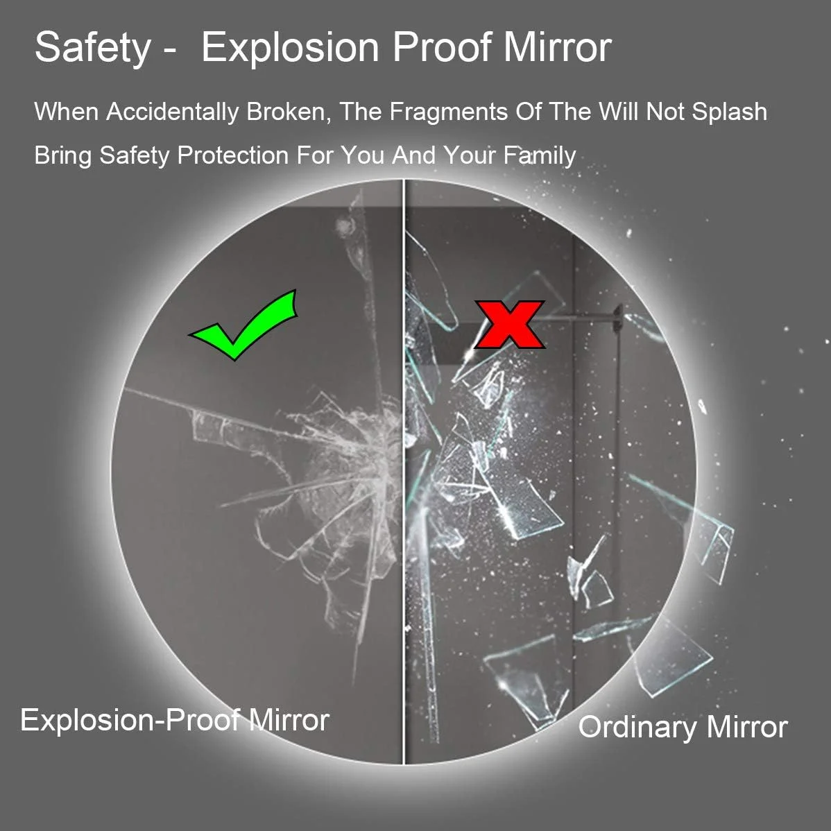 آینه گرد بدون قاب، آینه روشویی دیواری، آینه حمام با نور پس زمینه LED، با حسگر لمسی و ضد بخار، نور سفید/نور گرم، نور سفید-50 سانتی متر/20 اینچ