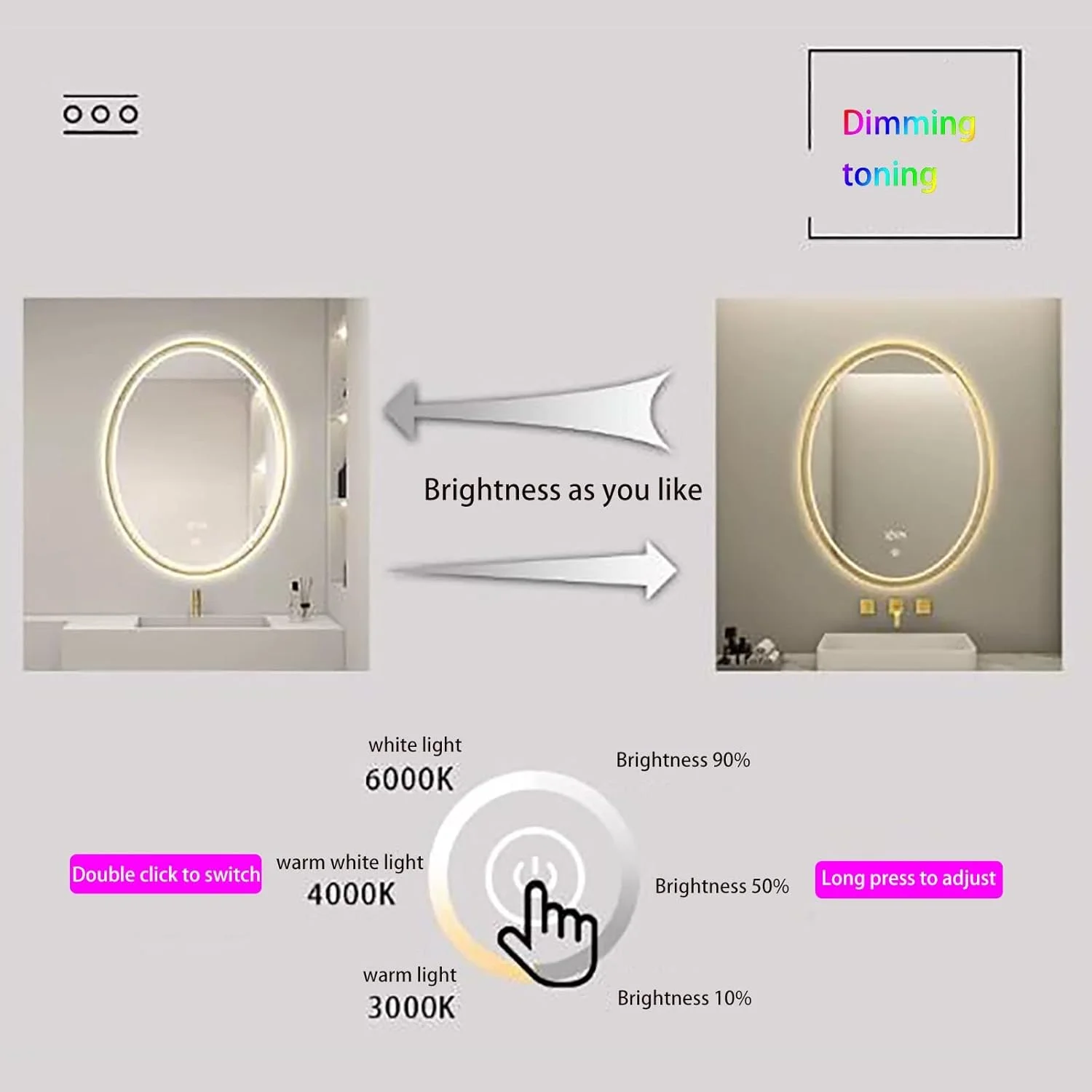 آینه بیضی نوردار پس زمینه، آینه آرایشی ال ای دی بیضی دیواری با چراغ، ضد بخار، بدون قاب، 3 رنگ قابل تنظیم، آینه حمام ال ای دی هوشمند نشکن با حافظه لمسی، نور سه رنگ - 50 * 70 سانتی متر