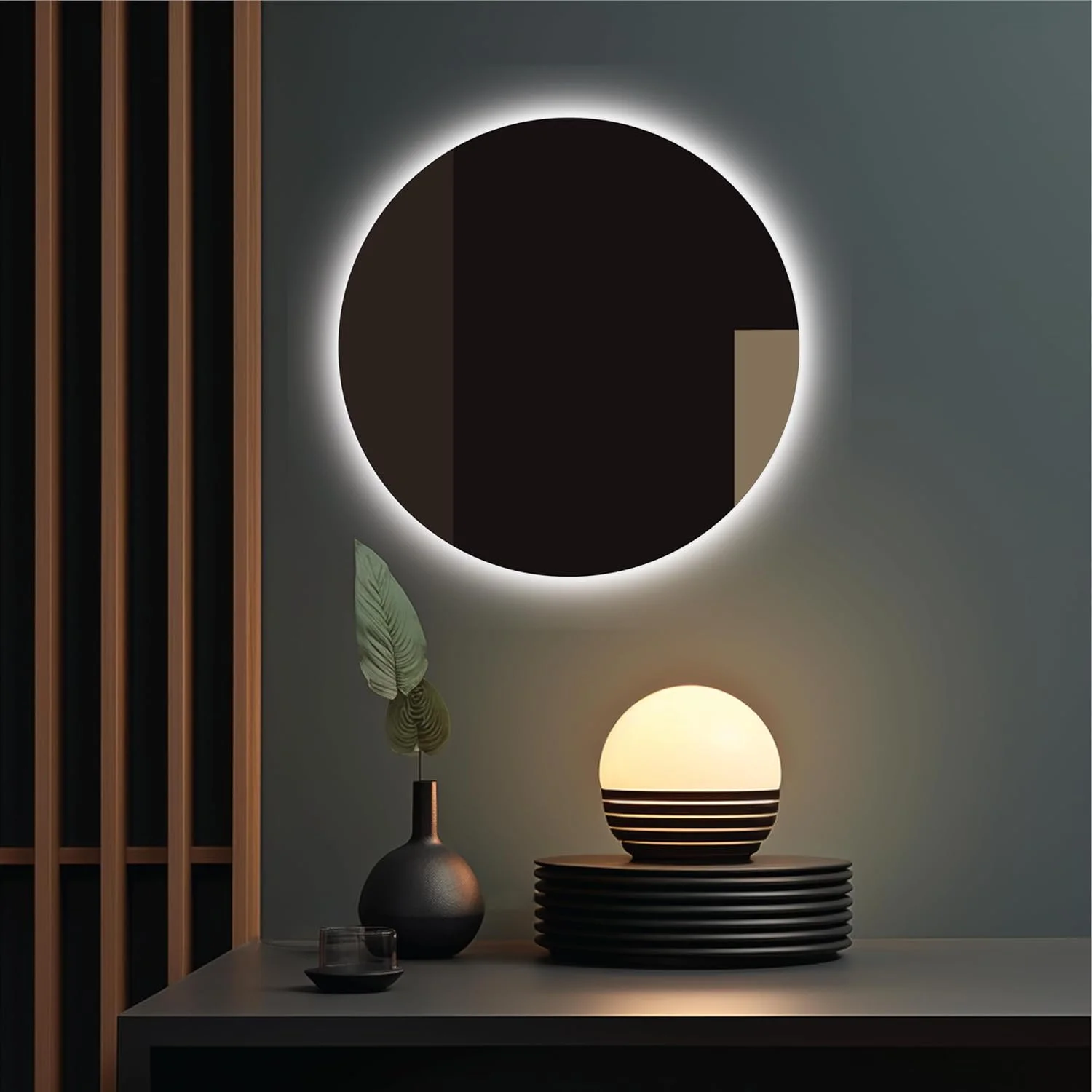 آینه هوشمند اکو، گرد 60 سانتی‌متری، آینه روشویی بدون قاب با حسگر لمسی و ال‌ای‌دی دیمرپذیر با 3 رنگ، مناسب برای حمام، راهرو و فضاهای نشیمن