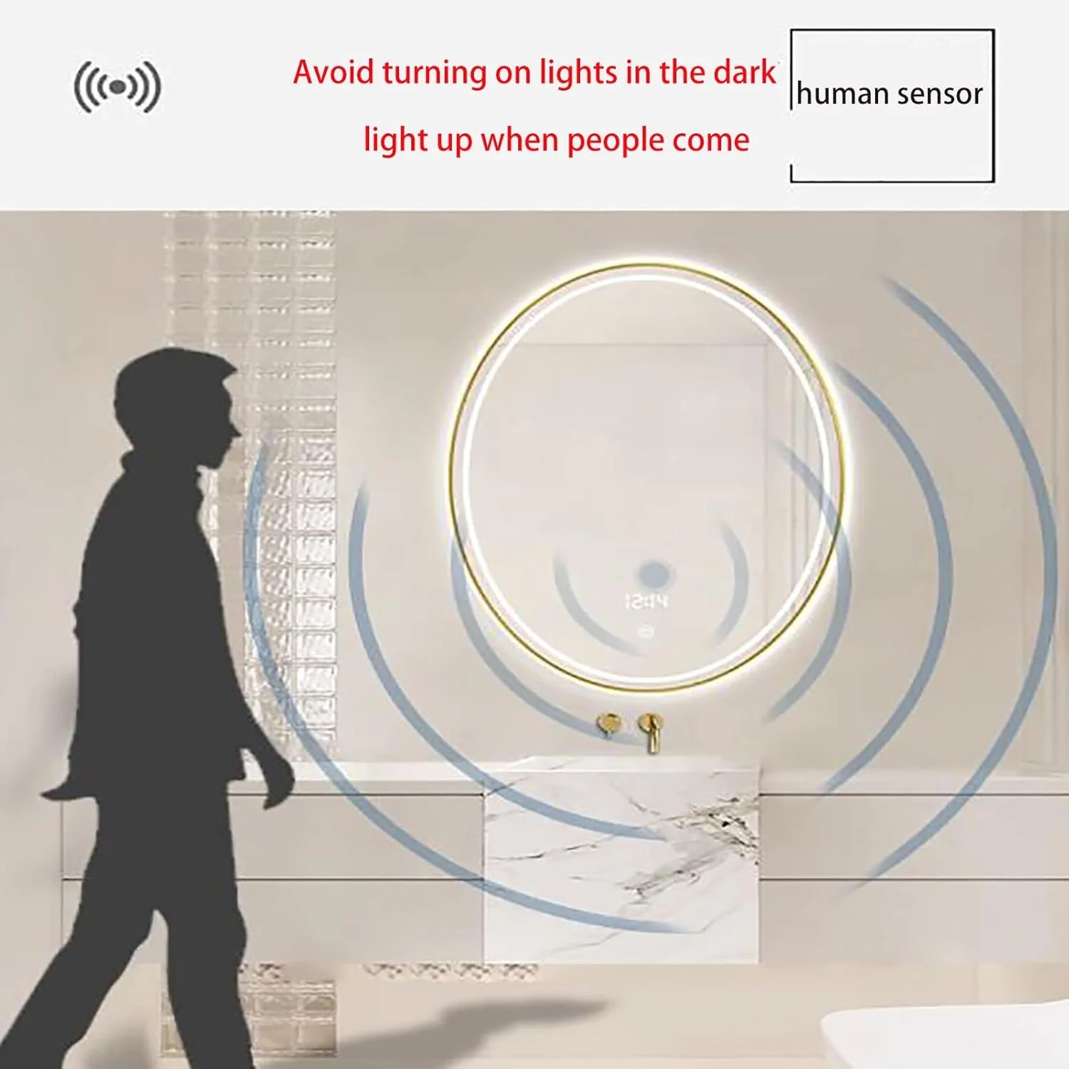 آینه بیضی نوردار پس زمینه، آینه آرایشی ال ای دی بیضی دیواری با چراغ، ضد بخار، بدون قاب، 3 رنگ قابل تنظیم، آینه حمام ال ای دی هوشمند نشکن با حافظه لمسی، نور سه رنگ - 50 * 70 سانتی متر