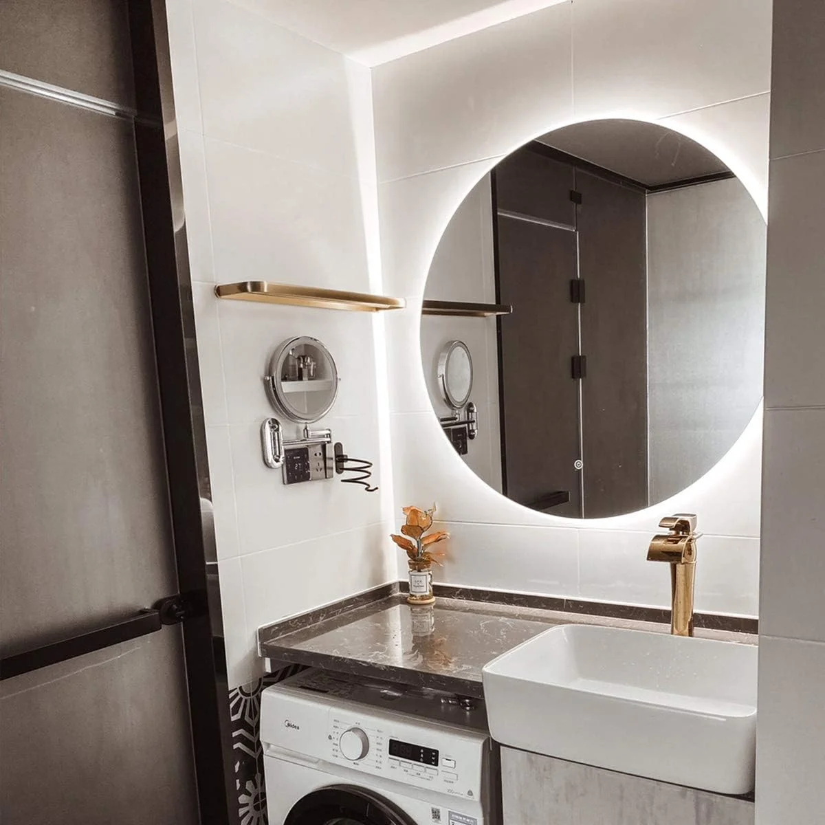 آینه گرد بدون قاب، آینه روشویی دیواری، آینه حمام با نور پس زمینه LED، با حسگر لمسی و ضد بخار، نور سفید/نور گرم، نور سفید-50 سانتی متر/20 اینچ