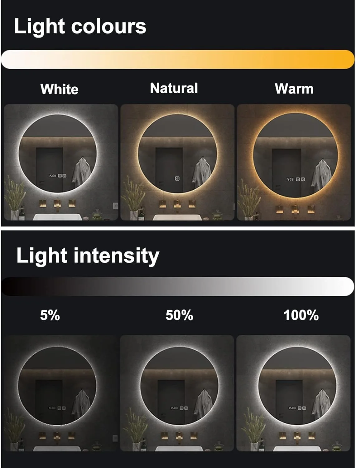 آینه گرد بدون قاب LED دار مناسب حمام، کنترل لمسی، آینه آرایشی دیواری، عملکرد تغییر رنگ سه گانه، روشنایی قابل تنظیم (رنگ: B، اندازه: 50 سانتی متر)