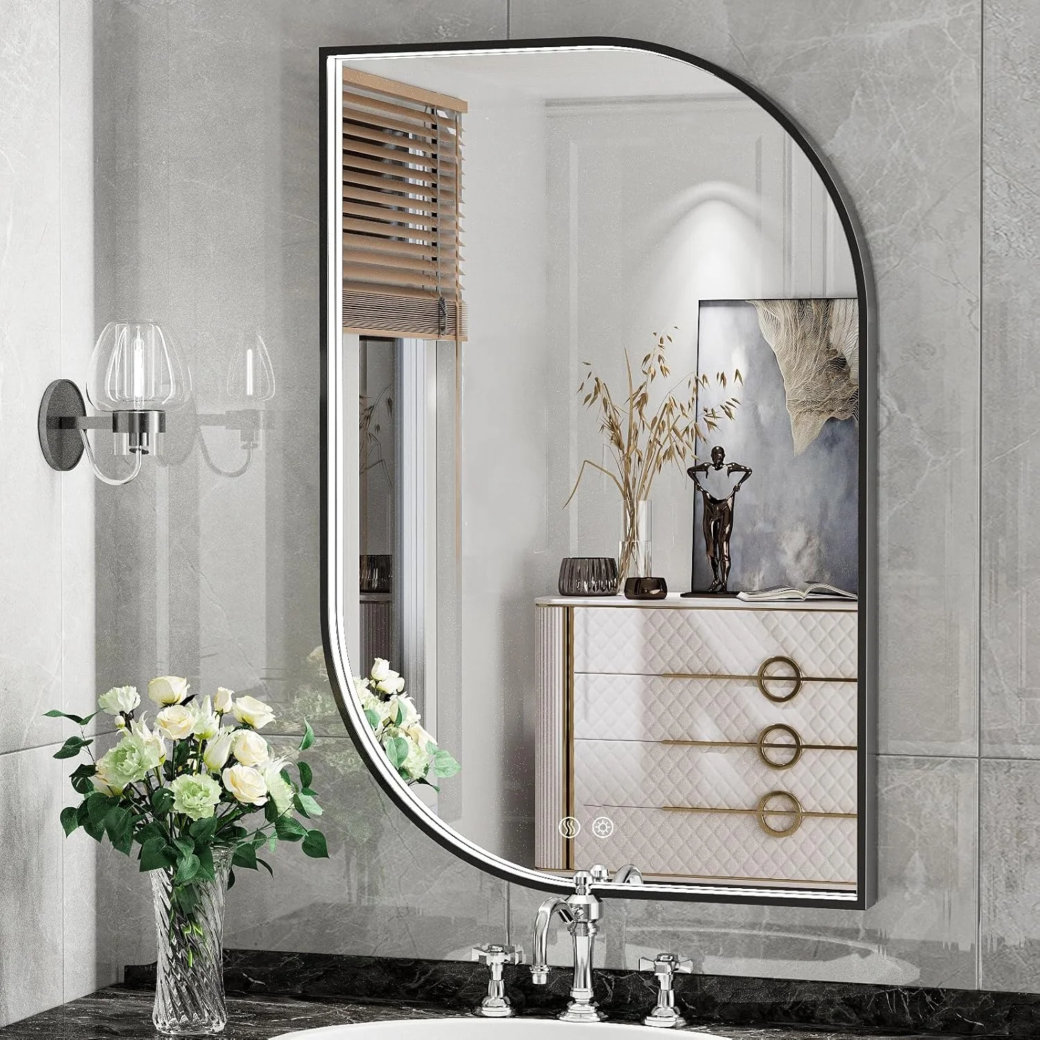 آینه حمام LED مشکی نامتقارن 60x90 سانتی‌متر با چراغ، آینه‌های دیواری روشن با پوشش ضد زنگ