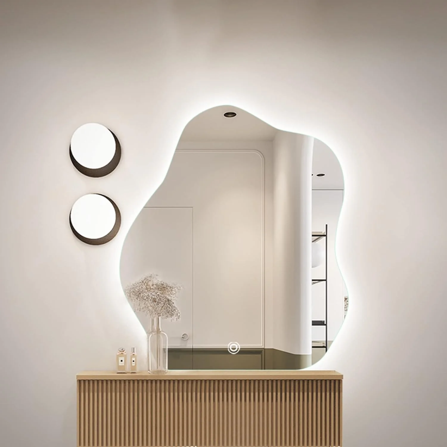 آینه دیواری نامنظم بدون قاب با نور LED، آینه حمام با نور پس زمینه LED با قابلیت تنظیم سه رنگ نور، آینه تزئینی ابر نامنظم، آینه آرایش، آینه روشویی، لمسی هوشمند