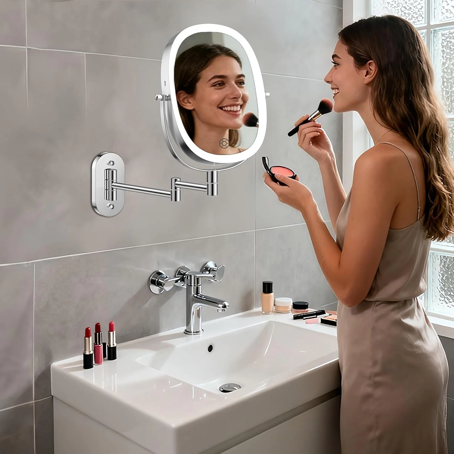 آینه آرایشی دیواری چراغ دار شارژی FUNTOUCH، آینه دو طرفه با بزرگنمایی 1X/7X، 3 گزینه نور قابل تنظیم، بازوی تاشو قابل گسترش، آینه دیواری بیضی شکل برای حمام