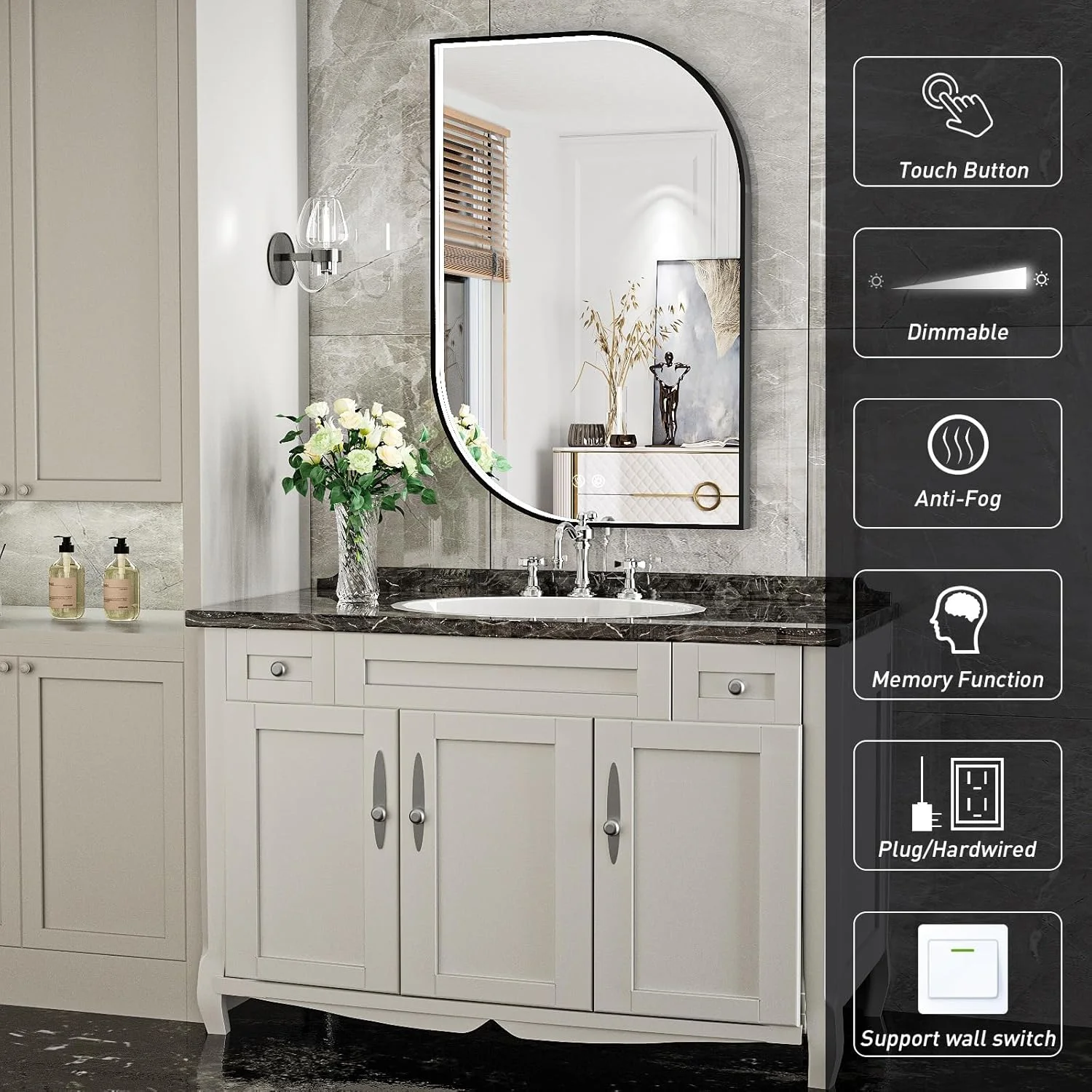 آینه حمام LED مشکی نامتقارن 60x90 سانتی‌متر با چراغ، آینه‌های دیواری روشن با پوشش ضد زنگ