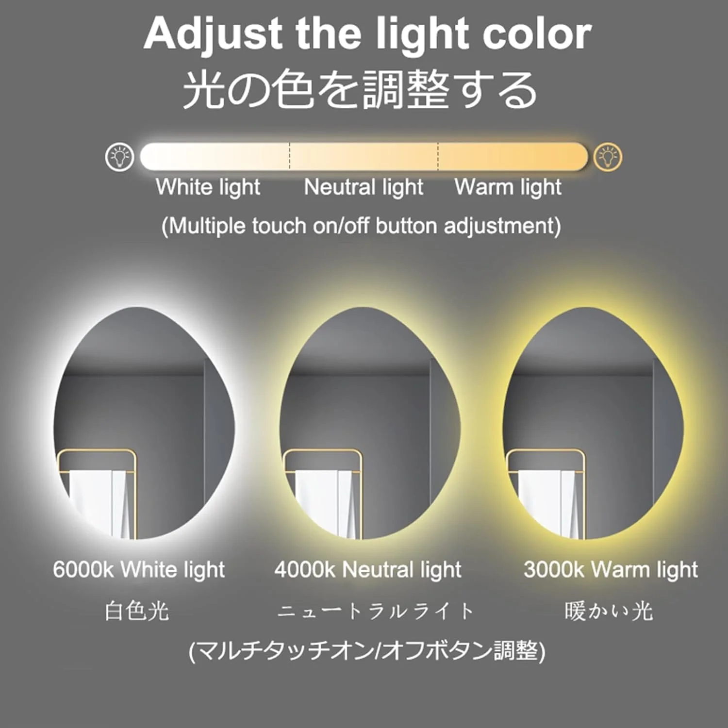 آینه دیواری LED نامنظم بدون قاب، آینه حمام LED با نور پس زمینه، آینه آرایشی HD با دکمه لمسی، نور سه رنگ قابل تنظیم، عملکرد حافظه، IP44، ضد انفجار