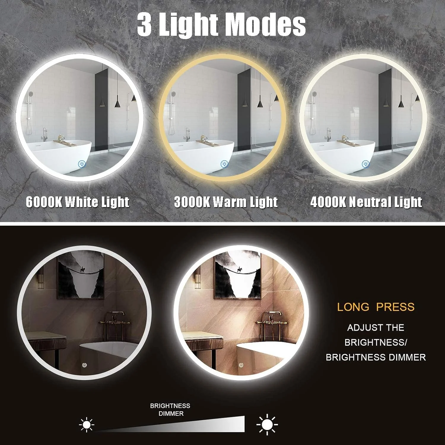 آینه حمام LED نورانی FURLOU، آینه دیواری آویز، آینه آرایش اتاق خواب با کلید لمسی روشنایی، 3 رنگ نور و روشنایی قابل تنظیم، Φ50cm/60cm/70cm/80cm