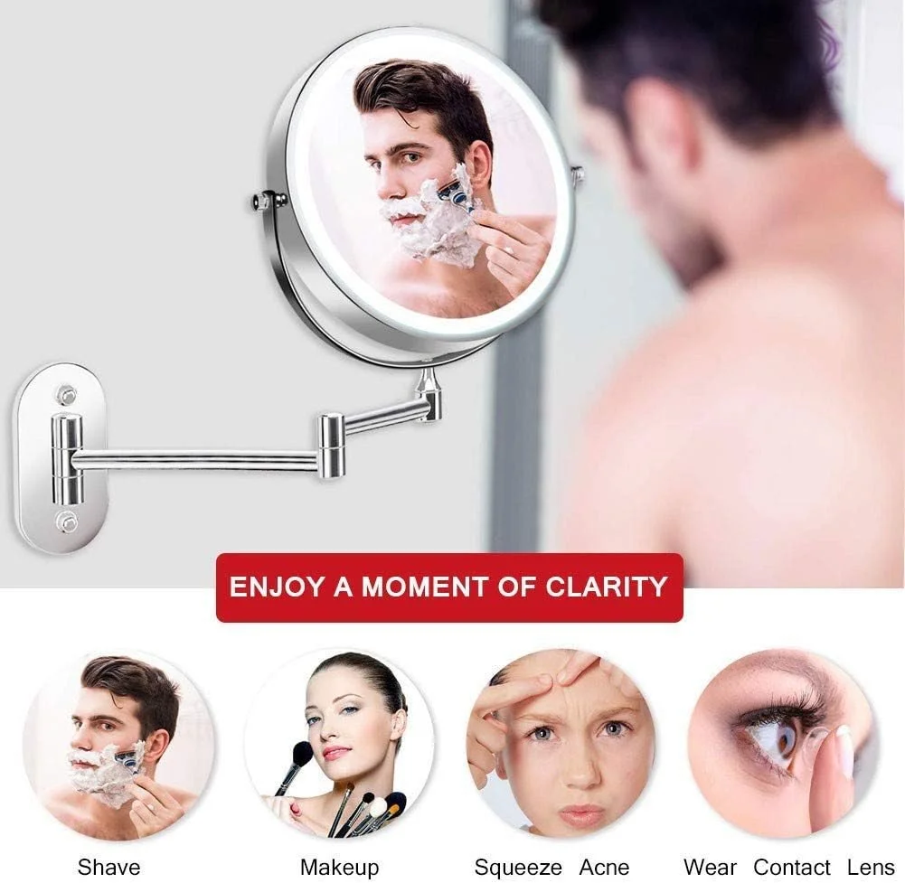 آینه آرایشی چراغ دار FURLOU، آینه اصلاح دیواری، آینه آرایش LED با قابلیت خاموش شدن خودکار، بزرگنمایی 1X/7X، چرخش 360 درجه، با باتری AAA