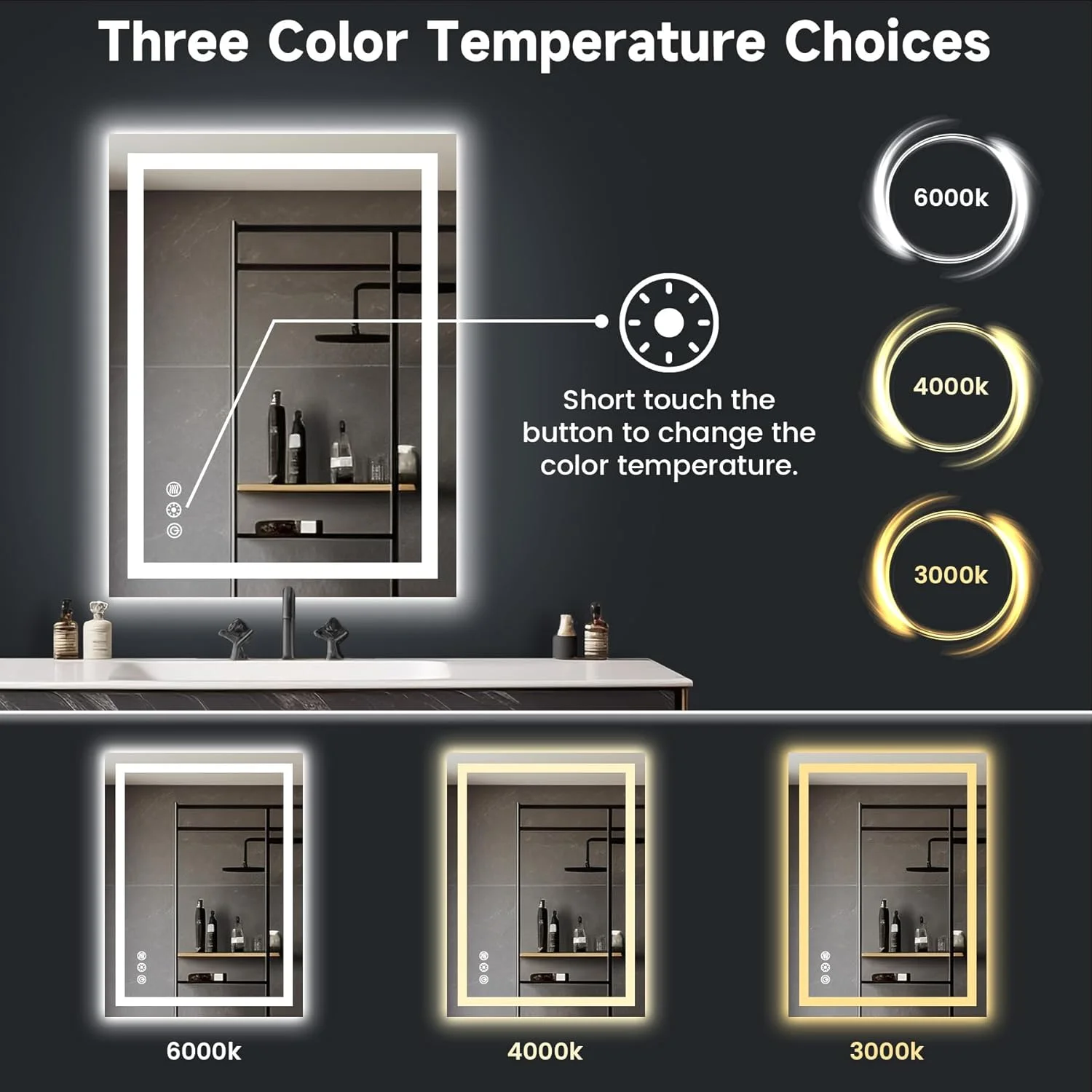 آینه حمام ال ای دی 61x81 سانتی‌متر، آینه روشویی دیواری با نور پس‌زمینه و جلو، ضد بخار، ضد شکستن، 3 دمای رنگ، حافظه، کم‌نور شونده پیوسته، افقی/عمودی