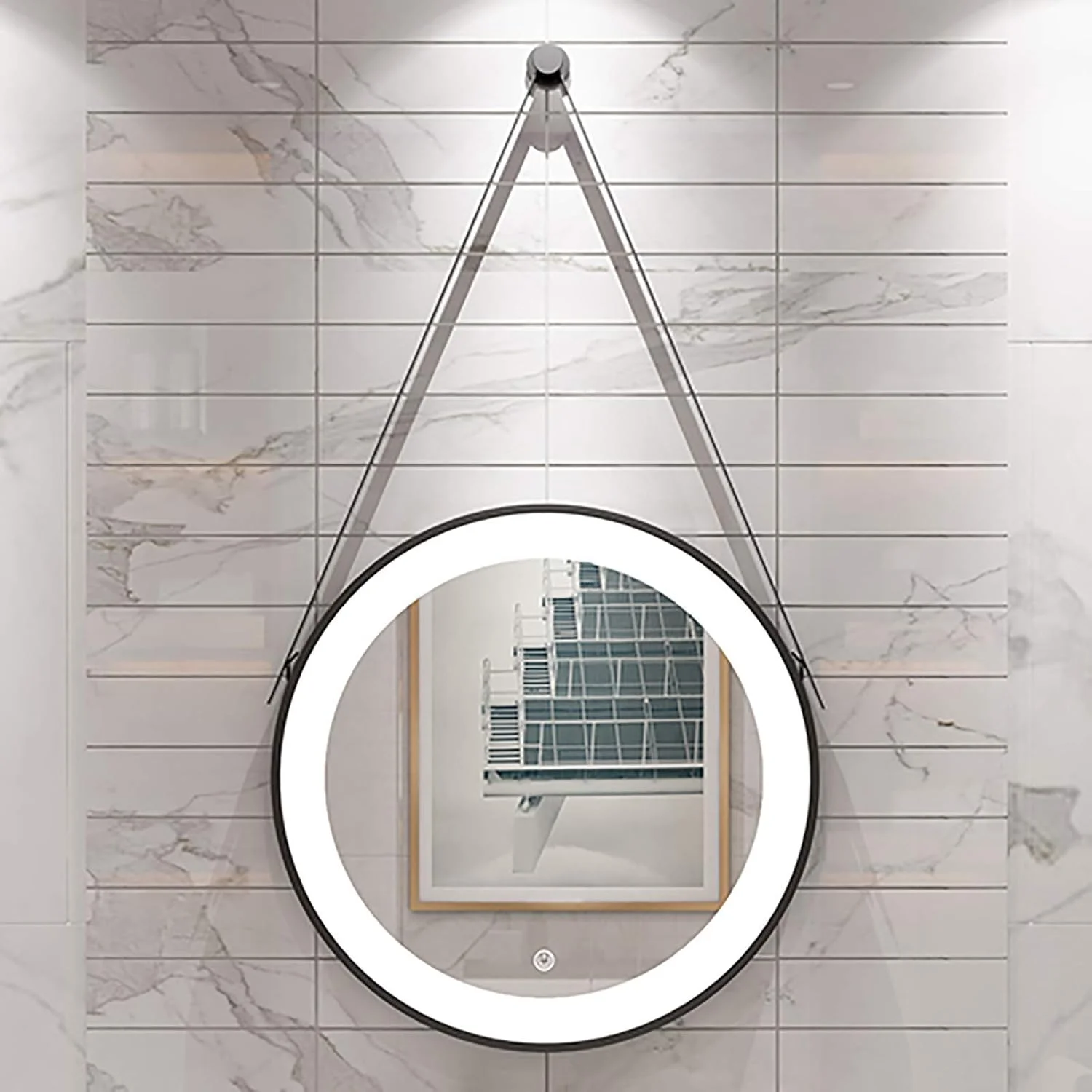 آینه گرد حمام، آینه آرایشی دیواری شیک با نورپردازی و کلید لمسی و 3 رنگ نور، قاب فلزی، مشکی (مشکی، 60x60 سانتی متر)