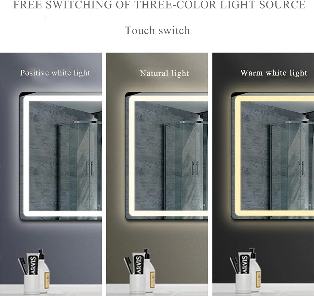 آینه دیواری حمام با نور LED، دمای رنگ قابل تنظیم، ضد انفجار با کیفیت بالا، کنترل جداگانه ضد بخار و نمایش زمان، 71*89 سانتی متر (61*81 سانتی متر)