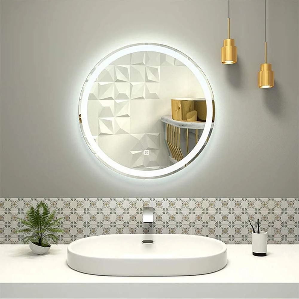 آینه گرد هوشمند LED، آینه آرایشی نورپردازی شده، آینه ضد بخار حمام، آینه گرد توالت 50*50/60*60/70*70 سانتی متر، کم نور سه رنگ + تک لمسی + ضد مه، آینه روشویی دیواری