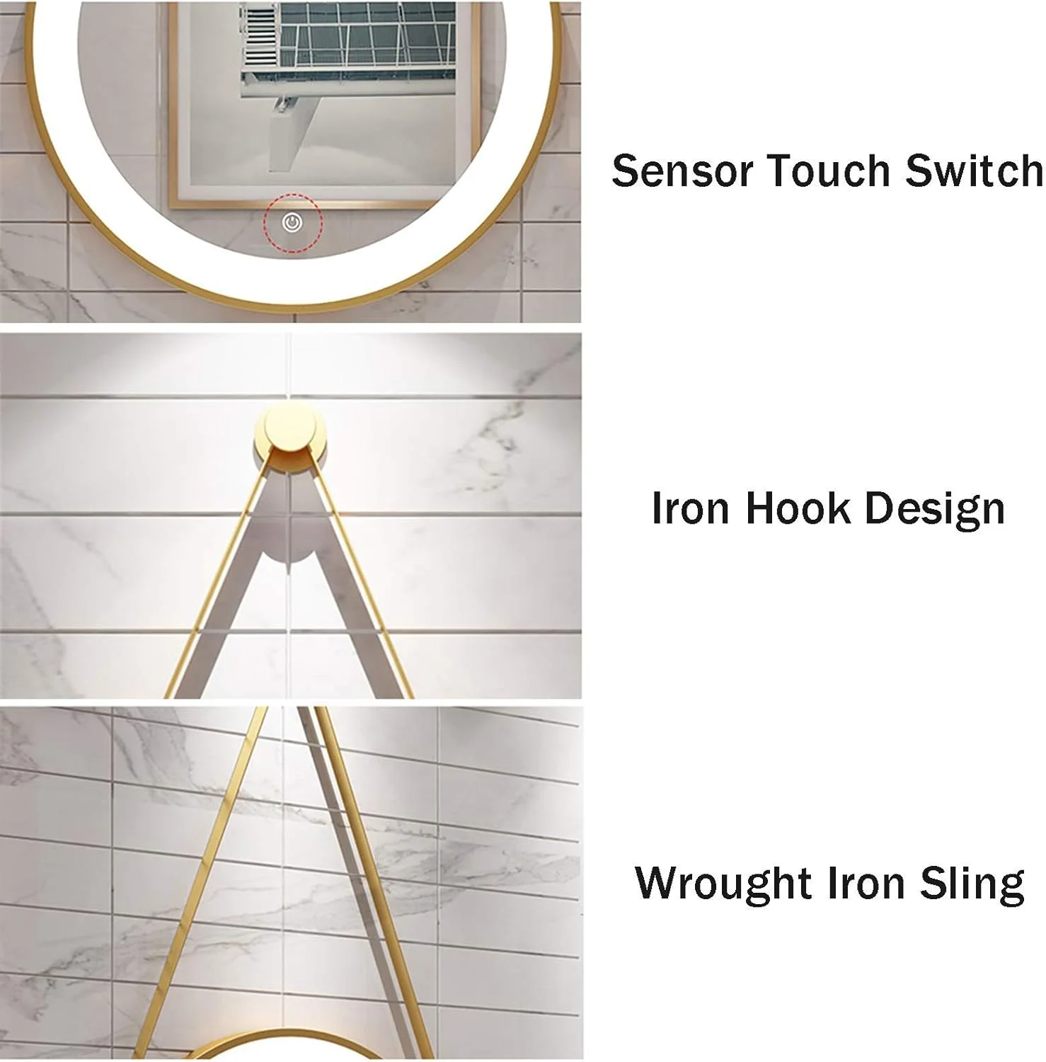 آینه گرد حمام، آینه آرایشی دیواری شیک با نورپردازی و کلید لمسی و 3 رنگ نور، قاب فلزی، مشکی (مشکی، 60x60 سانتی متر)