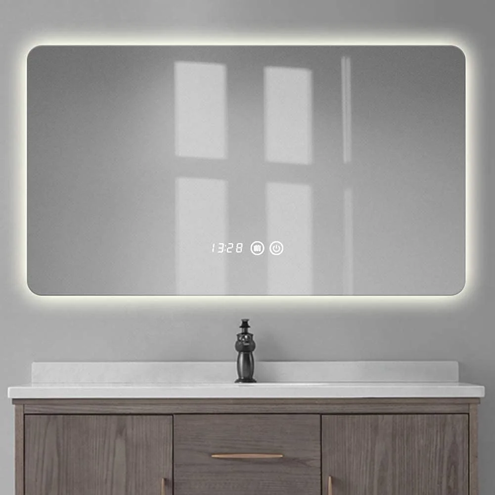 آینه حمام LED با نور پس زمینه - دکمه لمسی - آینه روشویی دیواری هوشمند ضد بخار مستطیلی مدرن بدون قاب