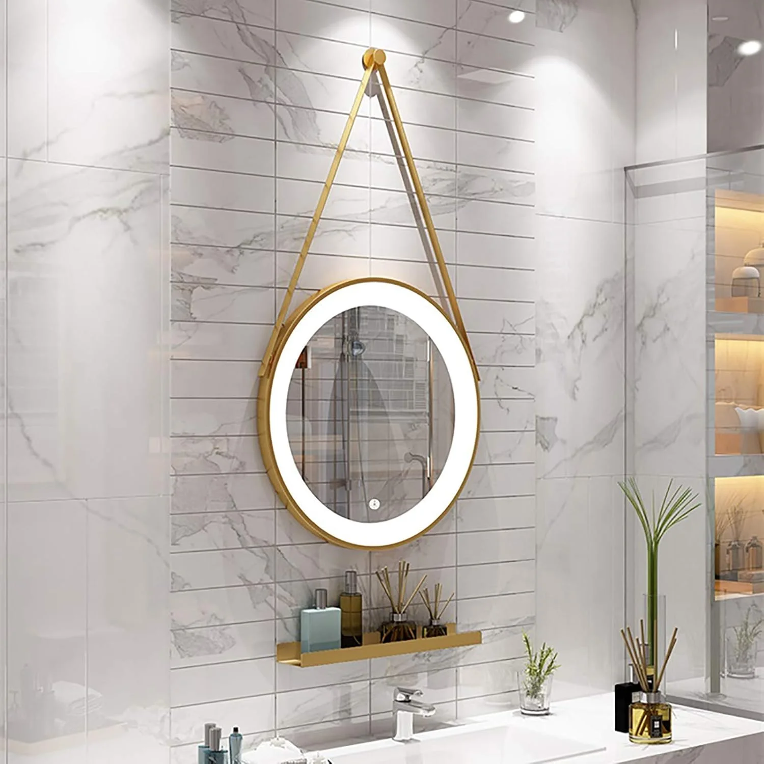 آینه گرد حمام، آینه آرایشی دیواری شیک با نورپردازی و کلید لمسی و 3 رنگ نور، قاب فلزی، مشکی (مشکی، 60x60 سانتی متر)